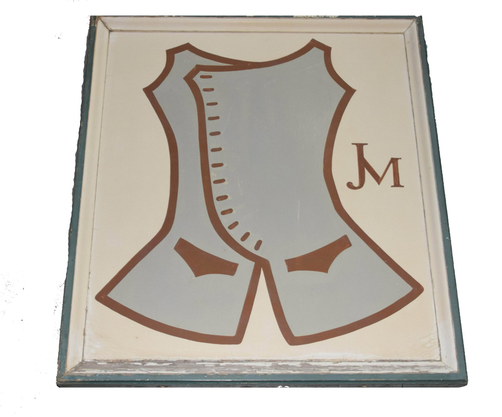 Trade Sign: Carved wooden trade sign of a vest and initials "JM". Provenance: This sign once hung at the James Moir House and Tailor Shop on Francis Street in private residence across from Bassett House, Williams