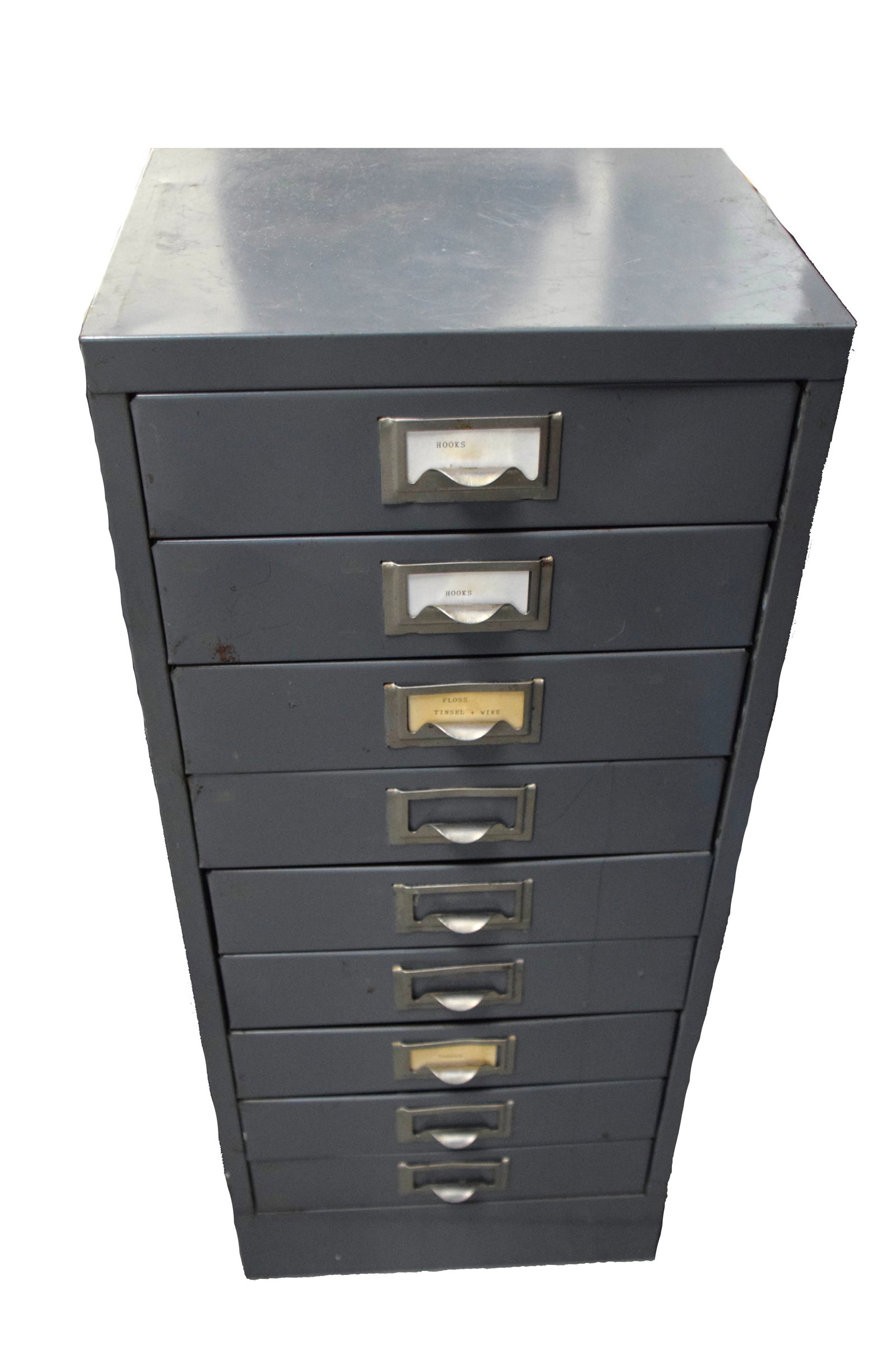 Wholesale Lot of Fishing Hooks: A 9 drawer metal cabinet full of hooks, line and other fly fishing material. Dimensions: 30" Height