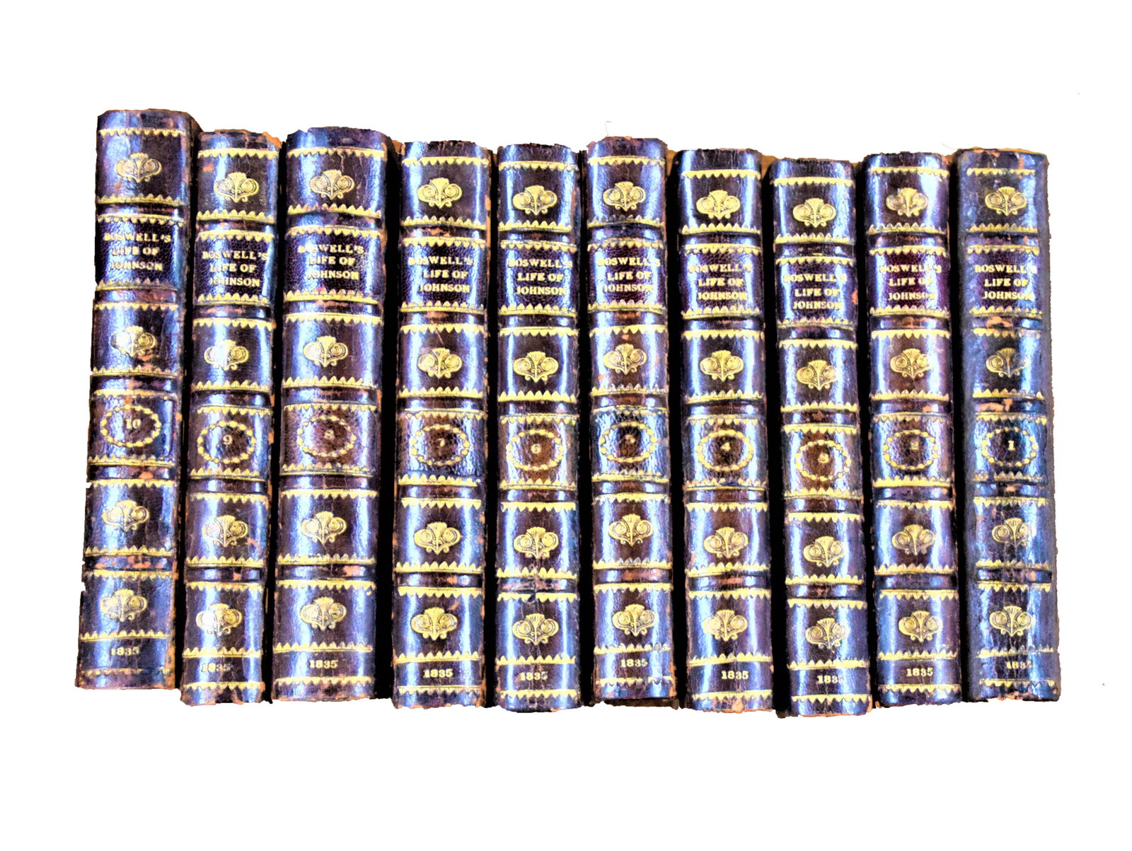 Boswell's Life of Johnson: The Life of Samuel Johnson by James Boswell in ten volumes published by John Murray, Albemarle Street London in 1835. Leather binding, with gold lettering.
