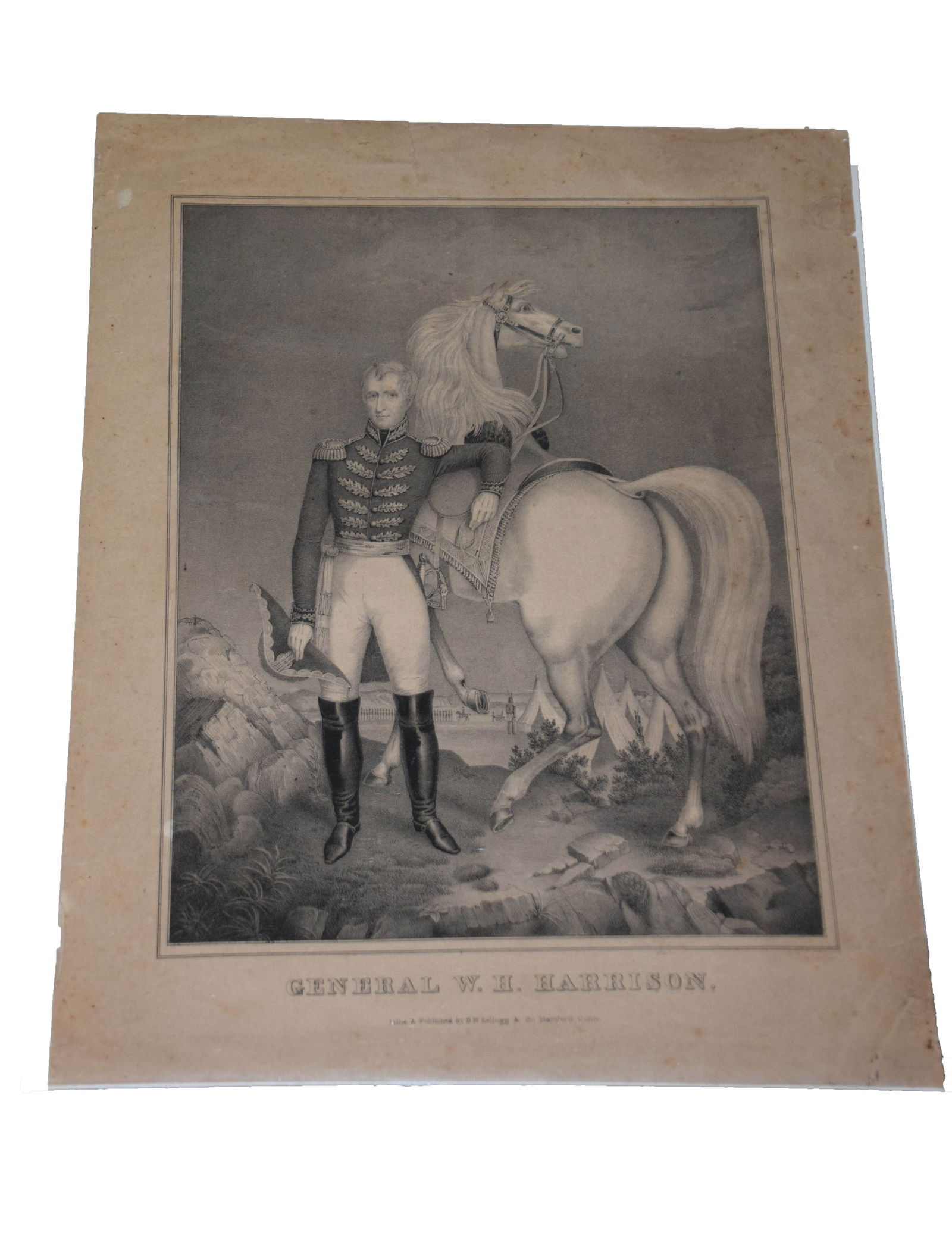 American History Lot: Multiple items to include Circa 1830 lithograph of General William Henry Harrison published by D W Kellogg & Co. Hartford Conn (17.5" Height x 14" Width); Print of General John Morgan, CSA Cavalry, Ke