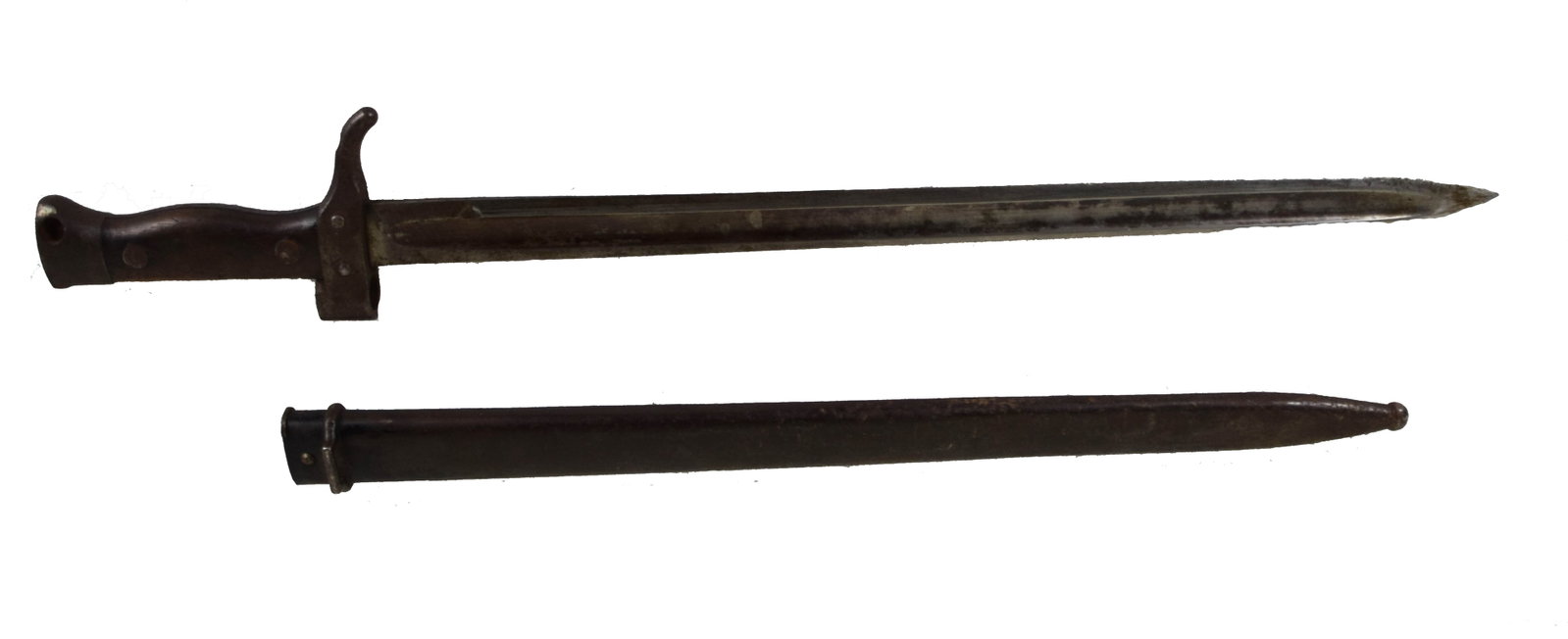 WW I French 1892 Berthier Bayonet: WW I French 1892 Mannlicher Berthier short rifle, 2nd pattern, type 3 bayonet with scabbard for cavalry use. Dimensions: 15.5 Blade