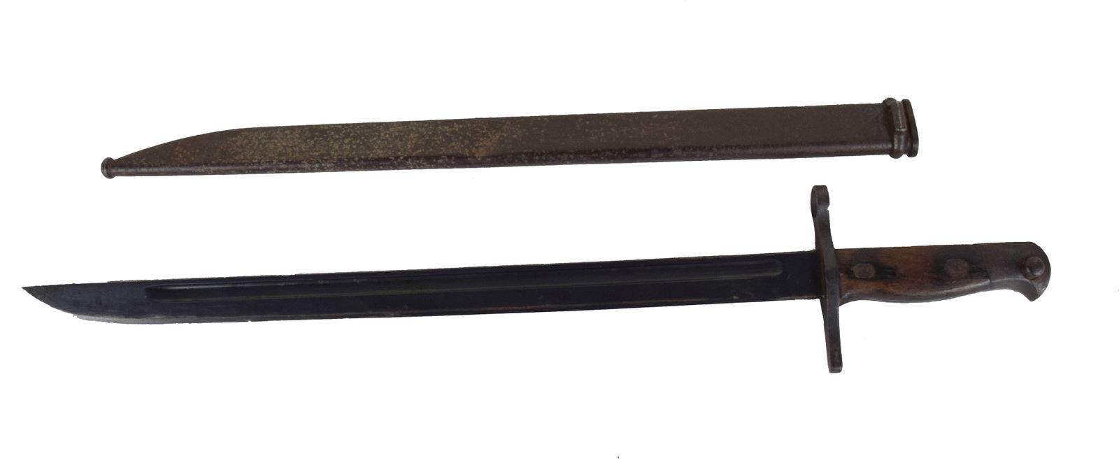 WW II Japanese Type 30 Bayonet: WW II Japanese type 30 bayonet with scabbard for an Ariska rifle, made by Toyoda (Diamond mark) and inspected by Nasoya Arsenal (Circle 8 mark). Dimensions: 15 3/4" Blade