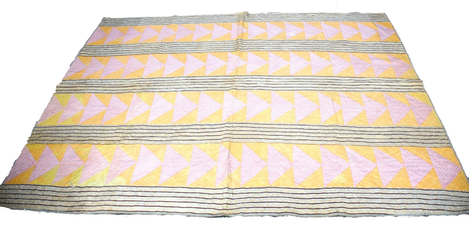 Old Quilt: Older quilt with line and triangular stripe design. Dimensions: 7'3" x 5'5"
