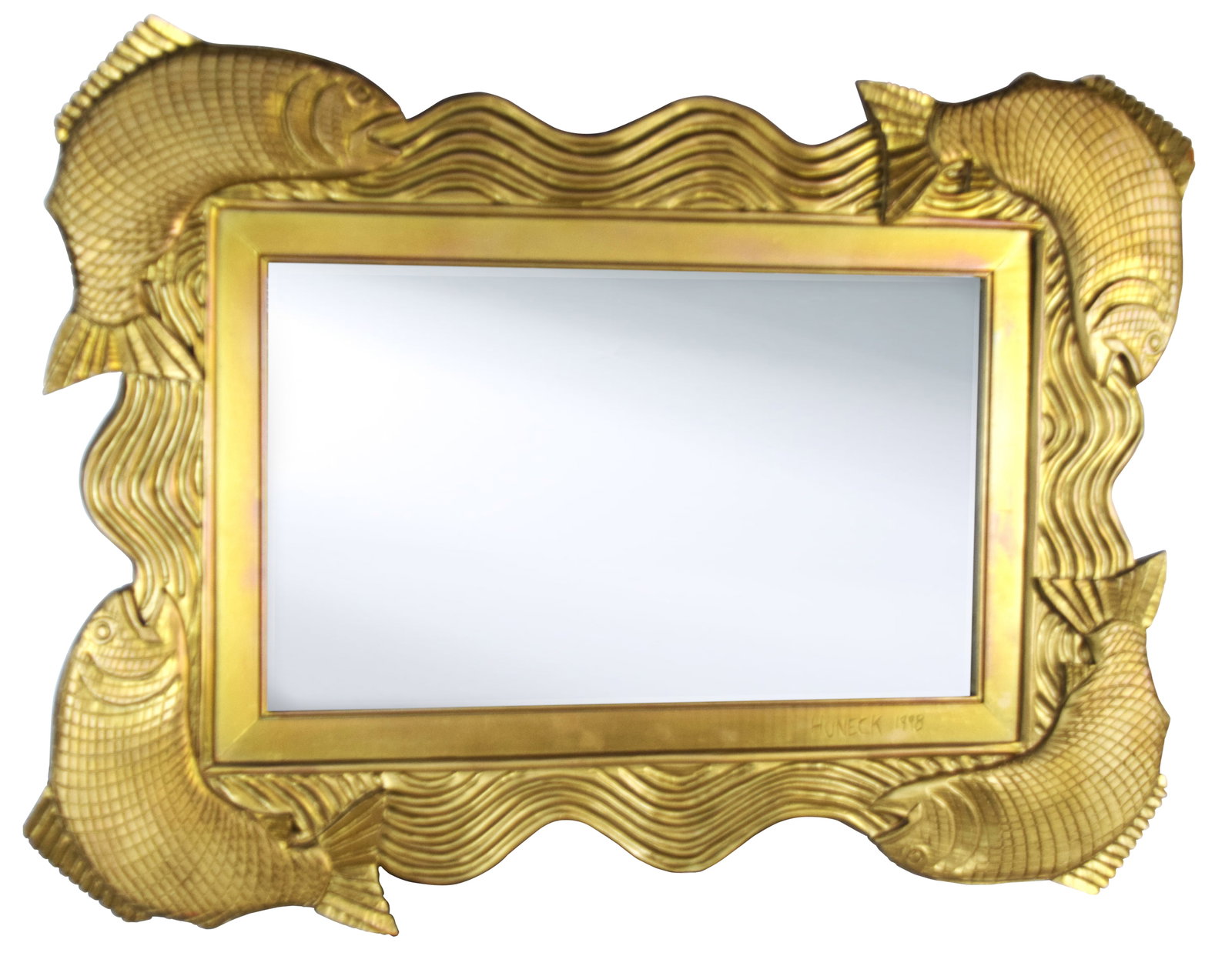 Stephen Huneck Mirror: Stephen Huneck carved, giltwood hanging mirror with fish design, signed and dated 1998. Stepen Huneck (1948-2010) became a prolific artist working in many different mediums. He was a sculptor, painter