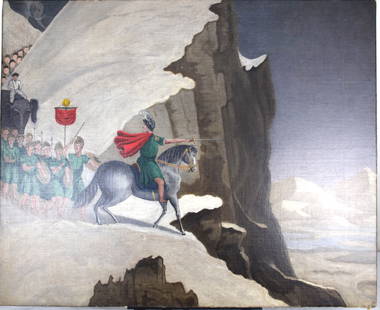 Hannibal Painting: Hannibal oil painting on canvass crossing the Alps with soldiers and elephant attributed to Erastus Salisbury Field (1805 - 1900) who worked in Massachusetts and New York and is known for Portraits, a