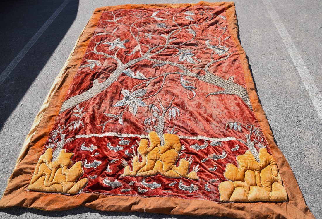 Wall hanging: Victorian velvet embroidered and highly decorated wall hanging with backing. Signed with stiched signature. Dimensions: 5'8" x 9'