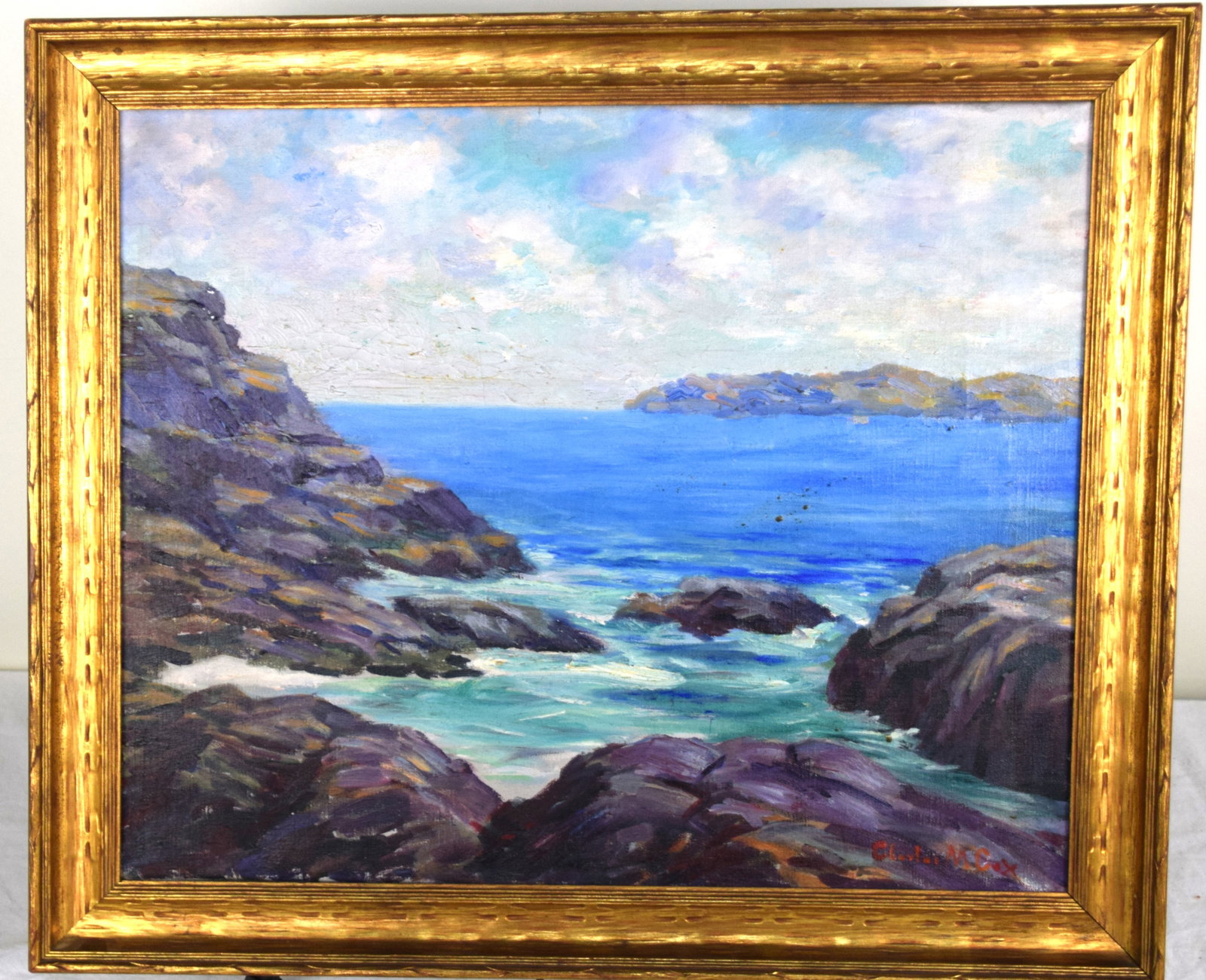 Charles M. Cox Seascape: Charles M. Cox seascape oil of ocean and boulders, circa early 1900s. Signed lower right. Charles M. Cox (19/20th Century) worked in Massachusetts and is known for sea and landscapes. Dimensions: 22" 