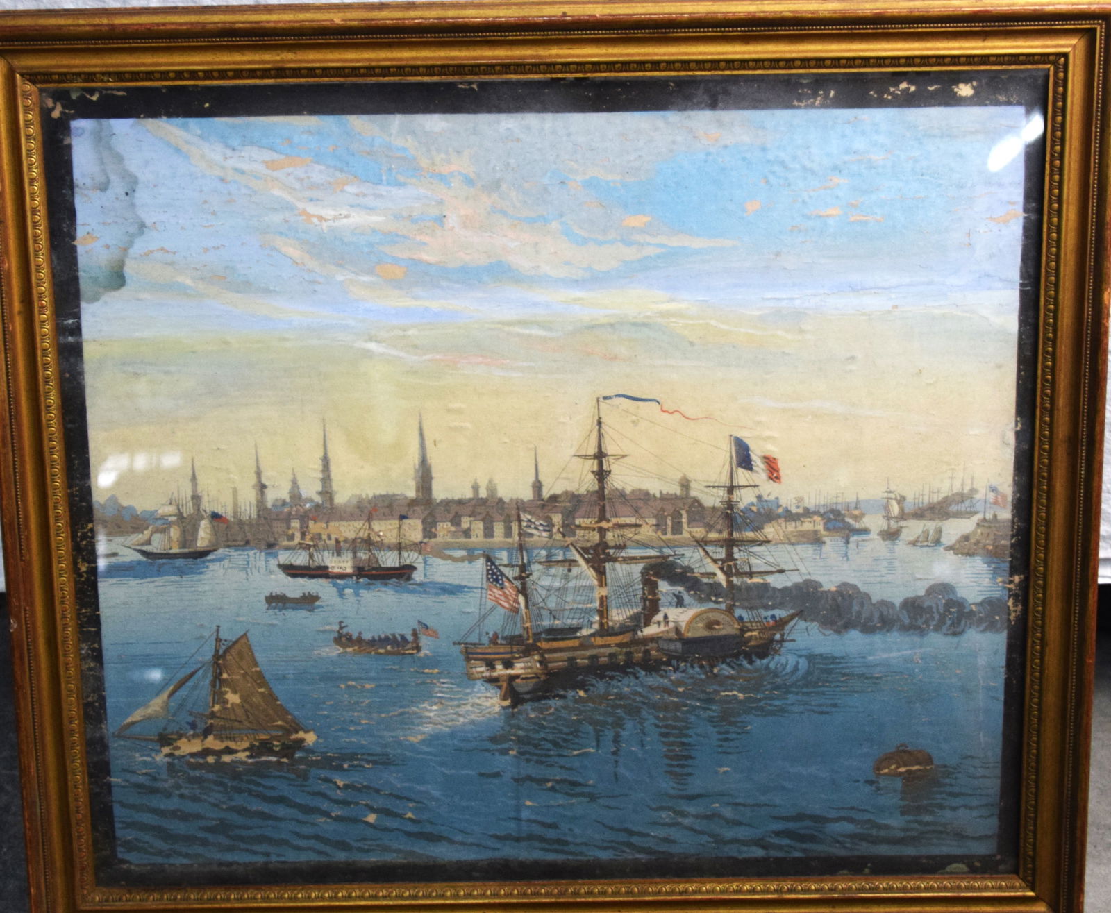 19th Century Harbor Scene: 19th century harbor scene with a side winder vessel flying American and French flags. Dimensions: 18.5" x 22"