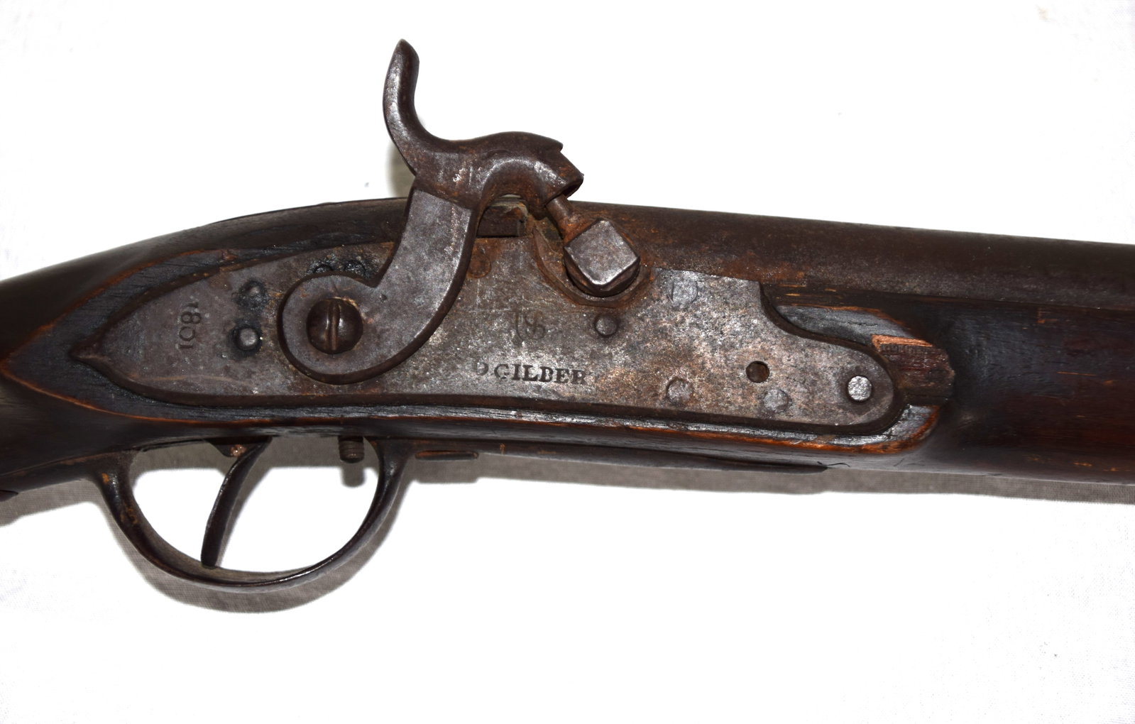 Converted Musket with 1801 Lock: Converted Musket with 1801 Lock marked Us above D Gilbert with 1801 date rear of hammer. The lock has been converted to percussion and the musket stock has been cut down as a hunting, sporting musket.