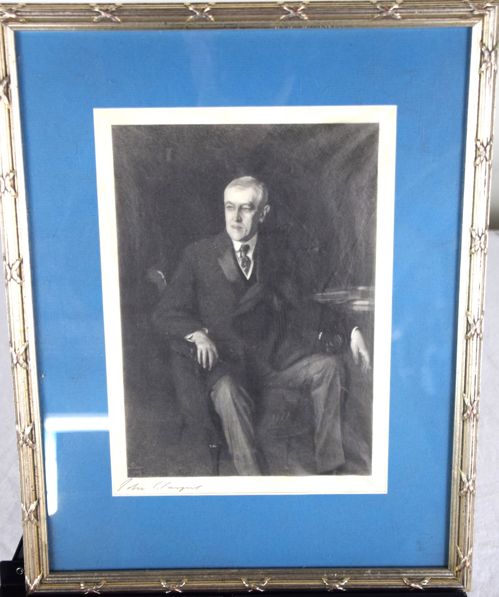 Woodrow Wilson Engraving: Wood engraving of Woodrow Wilson by Timothy Cole, 1918 after a painting by John Singer Sargeant. Dimensions: 9.5" x 7"