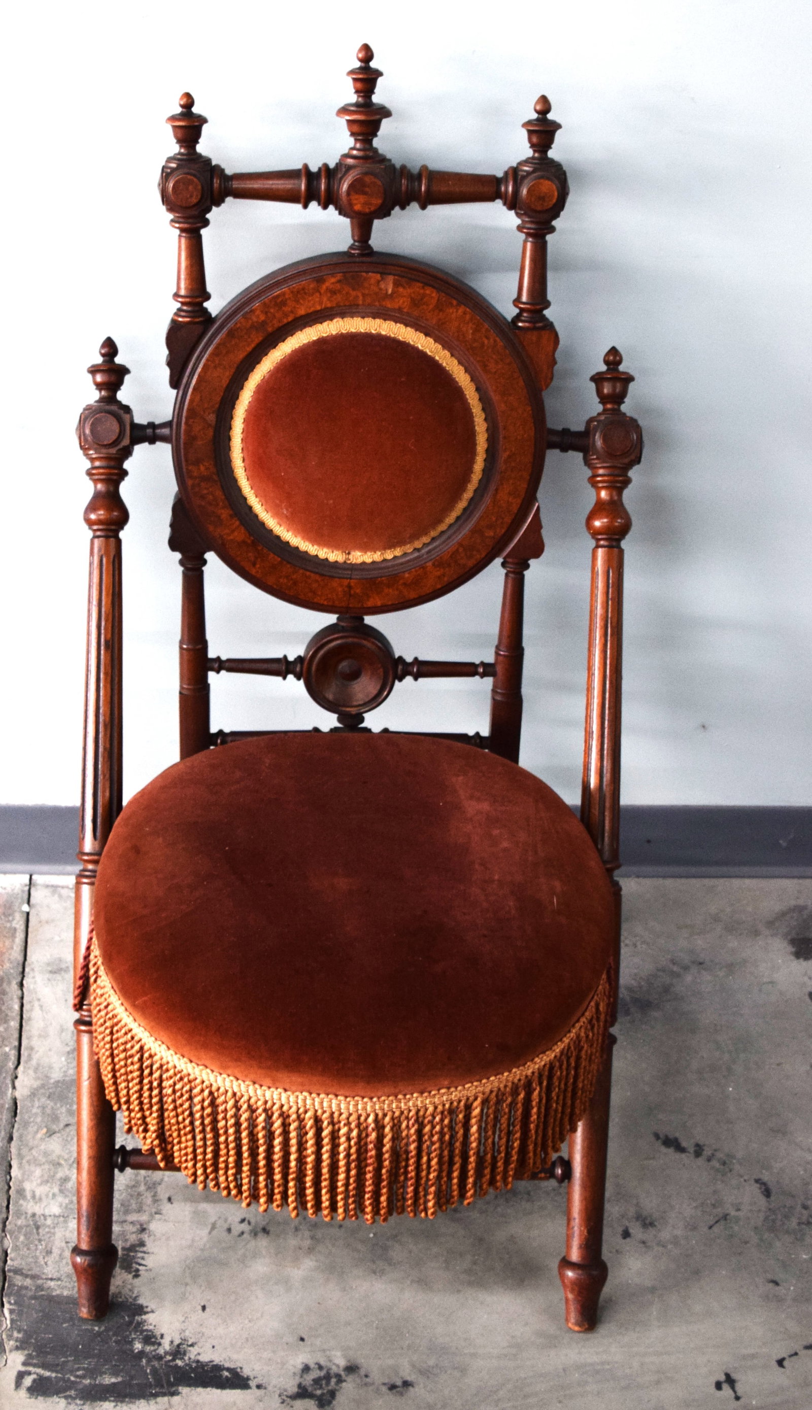 Hunzinger Walnut Chair: Hunzinger walnut collapsible chair with original velvet upholstery. Dimensions: 16" Seat Height x 29" Overall Height