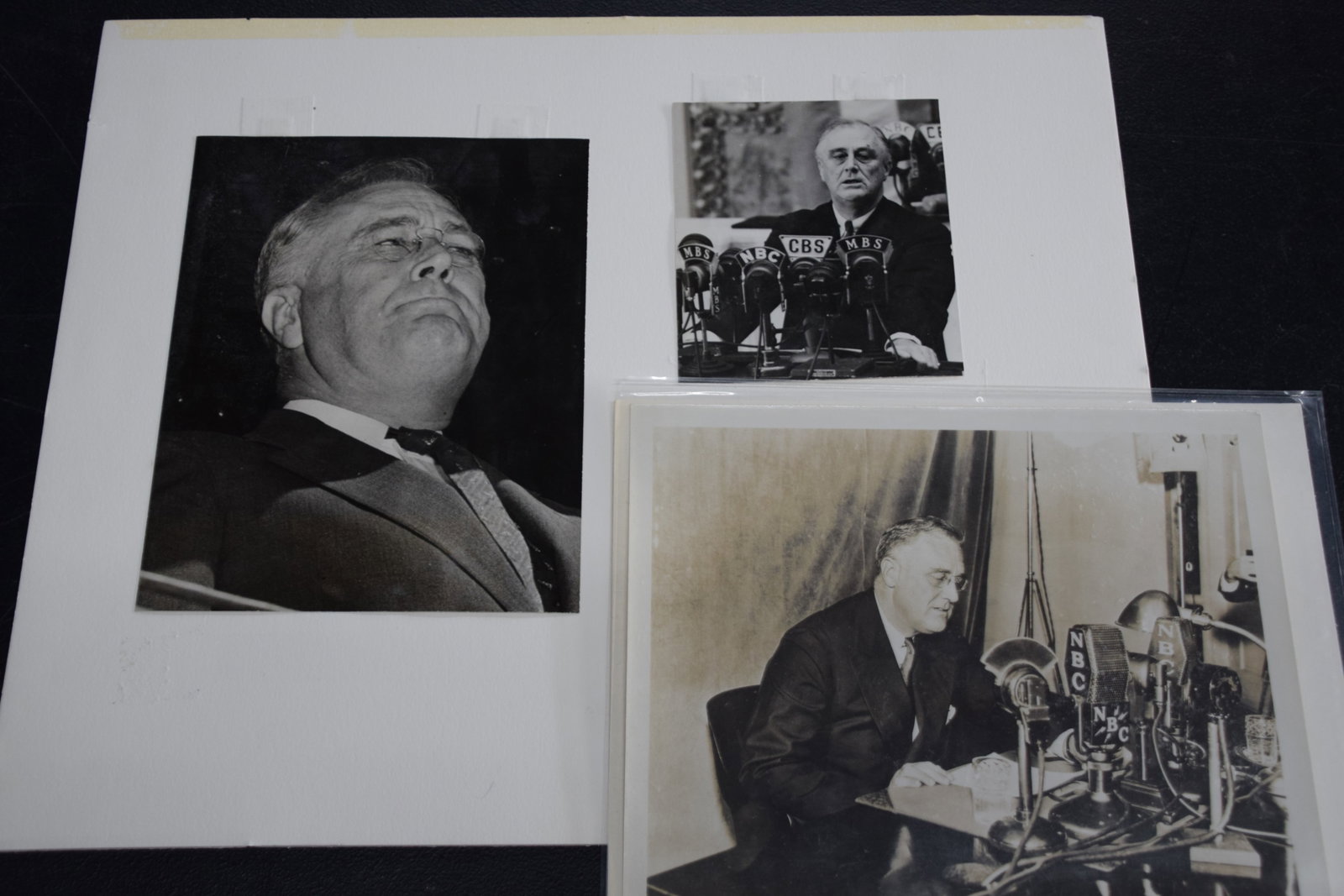 Presidents FDR and Truman Portfolio: Six presidential photographs to include a 1936 FDR photograph, two fireside chats of President Franklin Roosevelt and another FDR photograph. Also included is a large President Truman photo celebratin