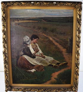 Pearce Oil On Canvas Painting: Unsigned oil painting on canvas with original frame of two women in a meadow, attributed to Charles S. Pearce. Charles Sprague Pearce (1851 - 1914) worked in Massachusetts and France and is known for