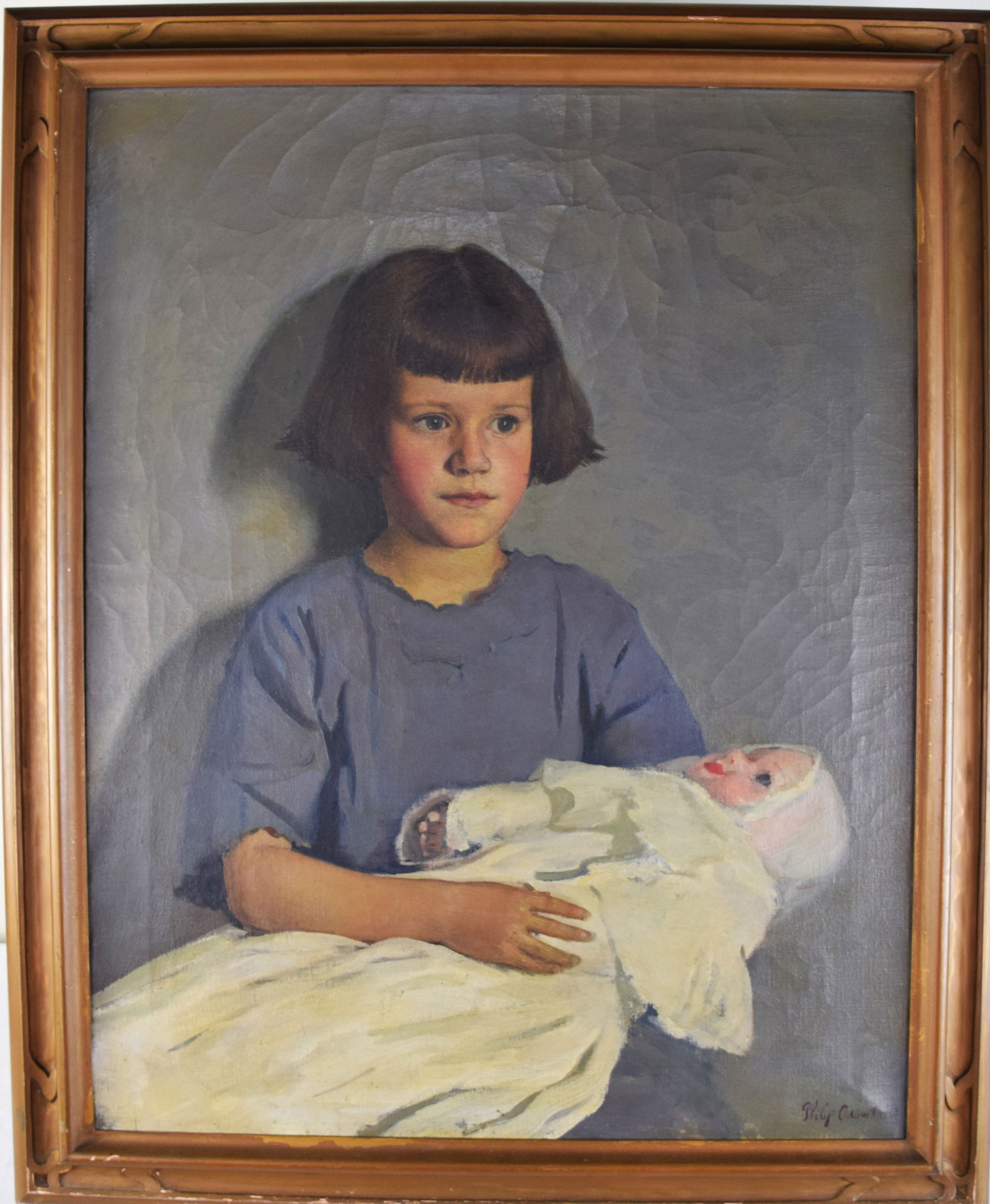 Philip Adams Oil Painting: Oil on canvas of child Ellen Adams Ramsdell holding a doll with original Foster Brothers frame. Was displayed in the Worcester Museum of Arts. Dimensions: 28.5" x 22" Image