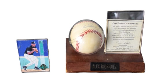 A Rod Signed Baseball And Card