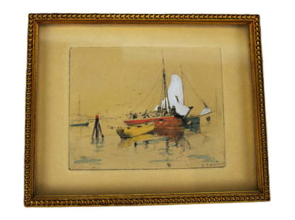 Anthony Thieme Watercolor: A signed coastal landscape watercolor with a sailboat and row boats. Anthony Thieme (1888 - 1954) worked in Massachusetts and California and is known for coastal landscapes. Provenance: Riverwoods Ret