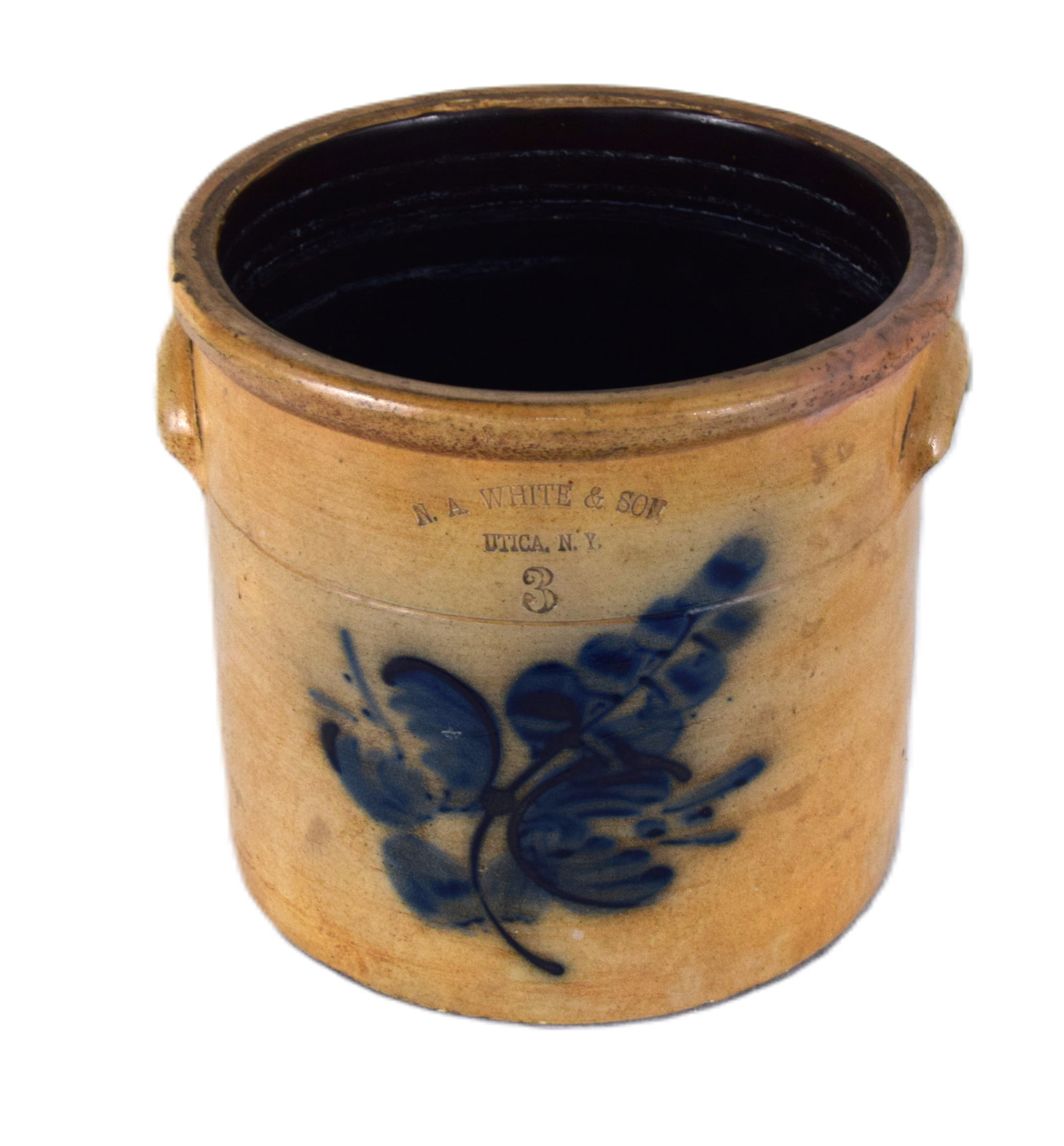 Stoneware Crock: Stoneware 3 gallon crock with cobalt blue floral design by "N A White and Son, Utica NY. Dimensions: 10" Height x 11" Diameter
