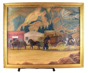 R. Amick Western Wells Fargo  Scene Oil Painting