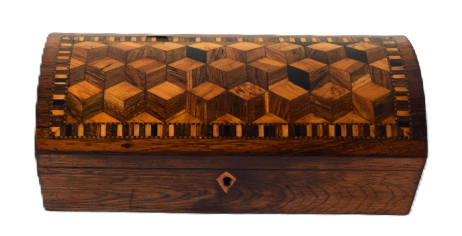 Valuables Box: 19th Century dome shaped valuables box with inlaid hinged lid -all in Rosewood with original escutcheon, with key. Dimensions: 3.5" H x 9.5" L x 4" W