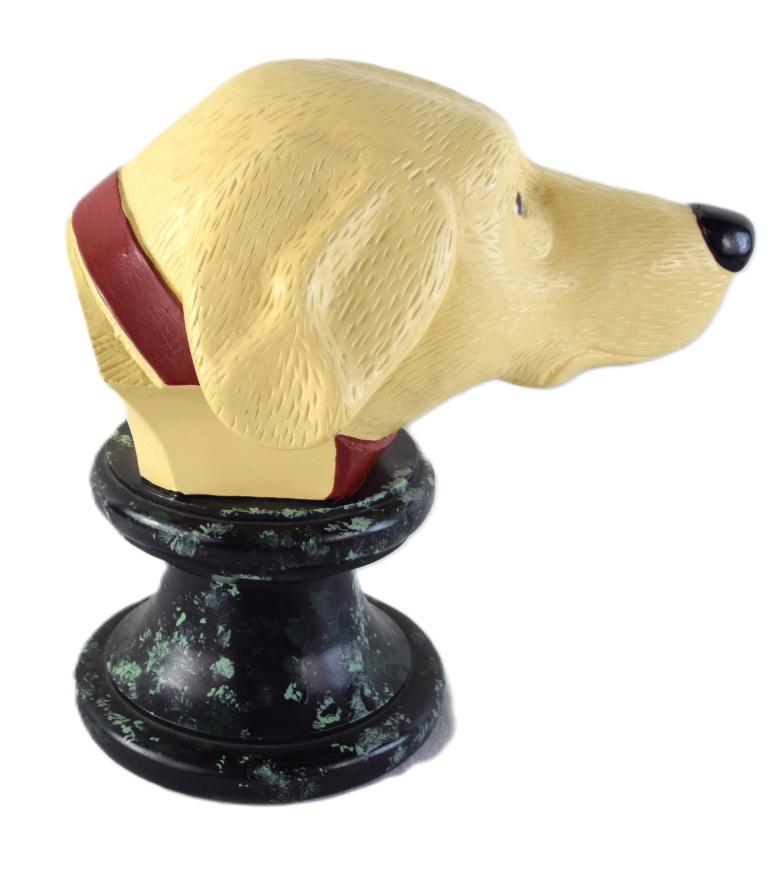Huneck Dog Sculpture: Signed Steven Huneck dog sculpture with red collar on a green marble simulated base. Dimensions: 14" H