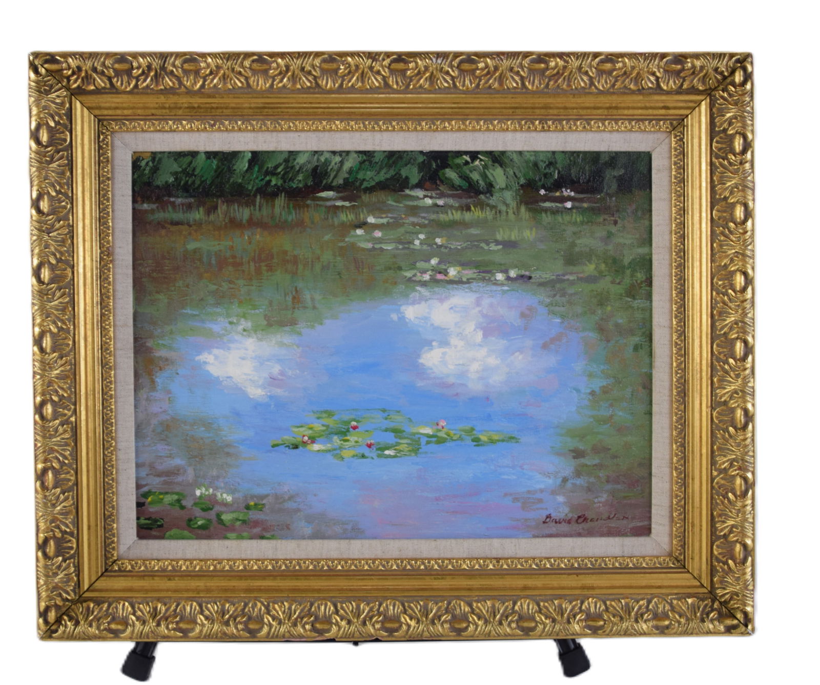 Monet Scene By David Chandler: Monet scene by listed artist David Chandler depicting water lilies in the Monet pond. Dimensions: 12" x 15" Image