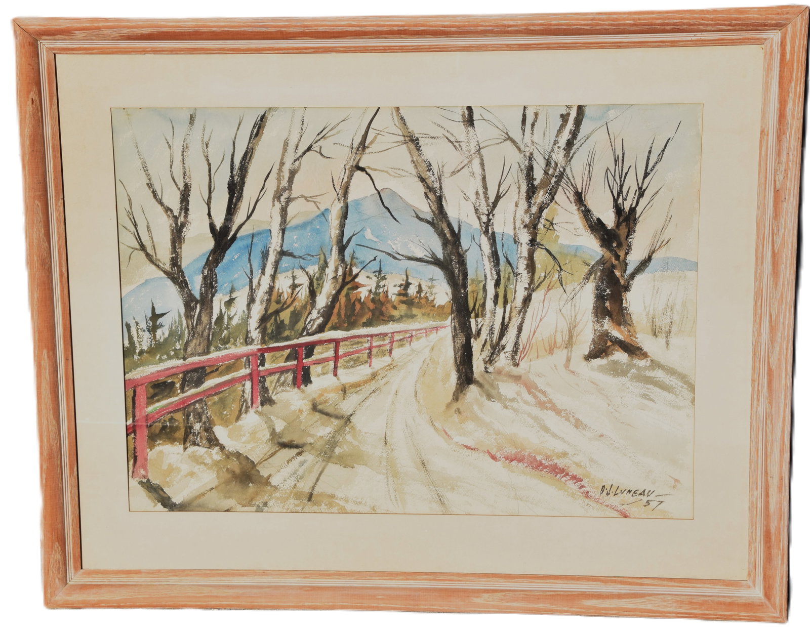 Watercolor Landscape by Omer Luneau: Nicely framed New Hampshire winter scene watercolor by Omer Joachim Luneau, 1957. Depicts roadway through trees with a Mt Washington view. Omer Joachim Luneau (1909 - 1968) worked in New Hampshire and