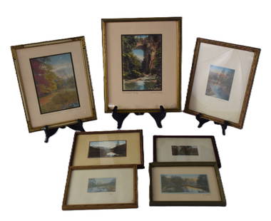 Seven Wallace Nutting Prints: Seven Wallace Nutting prints to include " A Leaf Strewn Brook" ( 7" x 4.5"), " The Natural Bridge" (7.5" x 4"), a small lake and landscape subject (3" x 5"), two small landscapes (2" x 3") and another