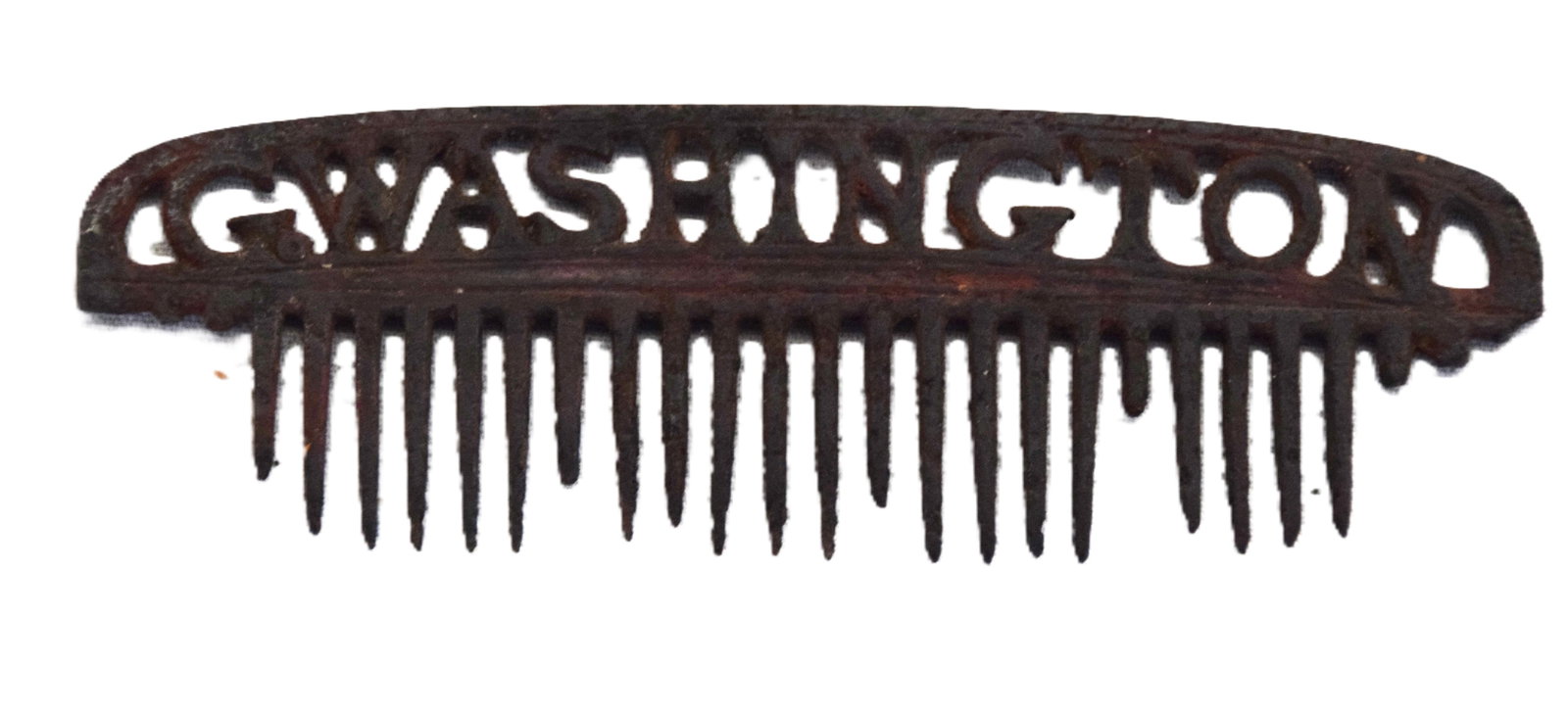 George Washington Federal Period Iron Comb: Rare example of an iron comb with hollow cut-out lettering along the handle reading " G Washington". Circa early 1800s.Found in 19th century house attic in New Boston, NH. Dimensions: 1.5" H x 4.5" L