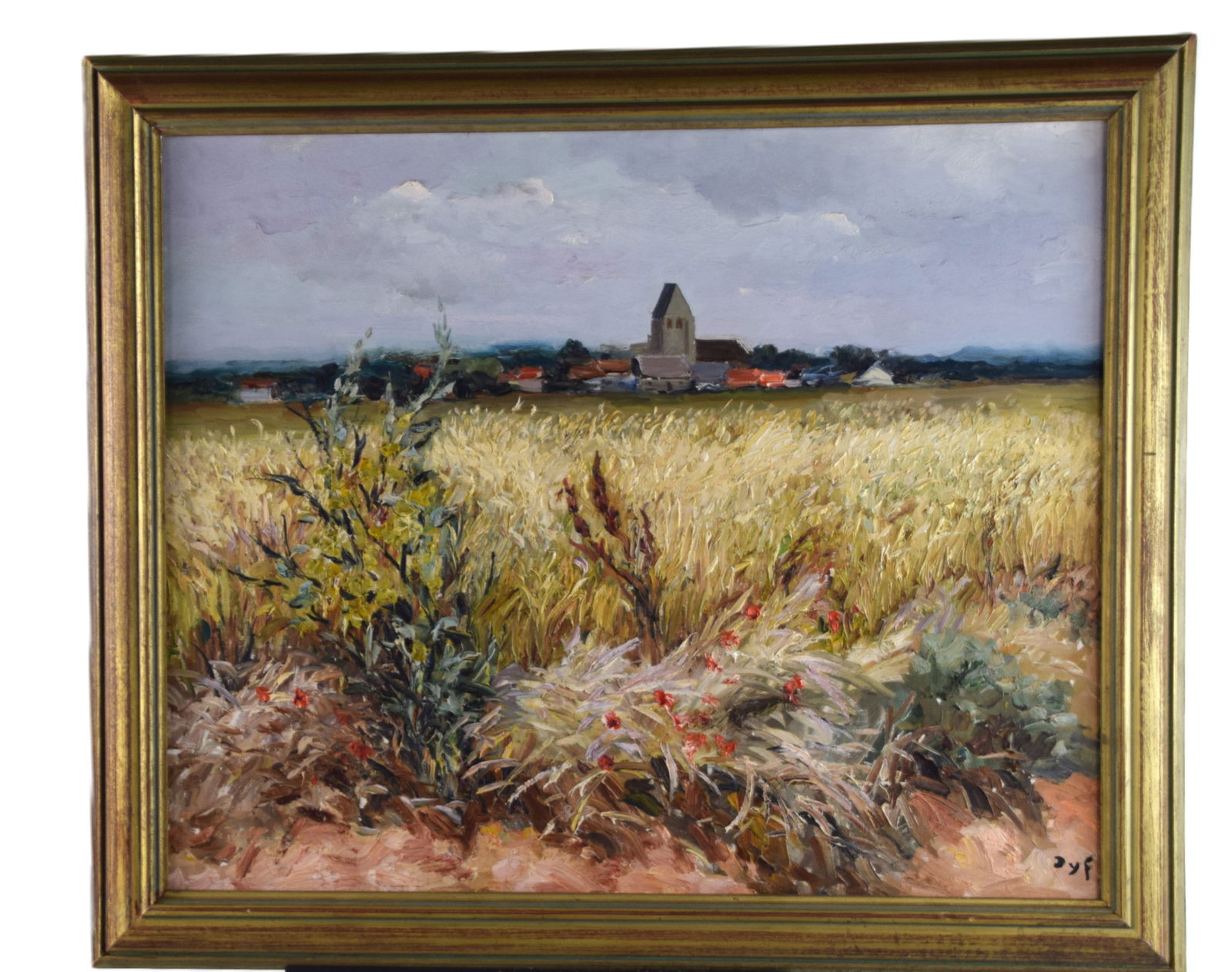 Dyf Landscape Oil Painting: Framed oil on canvas landscape of a French town and fields by Marcel Dyf. Signed lower left. Marcel Dyf (1899 - 1985) worked in France and is known for landscapes, floral still life and seascape paint