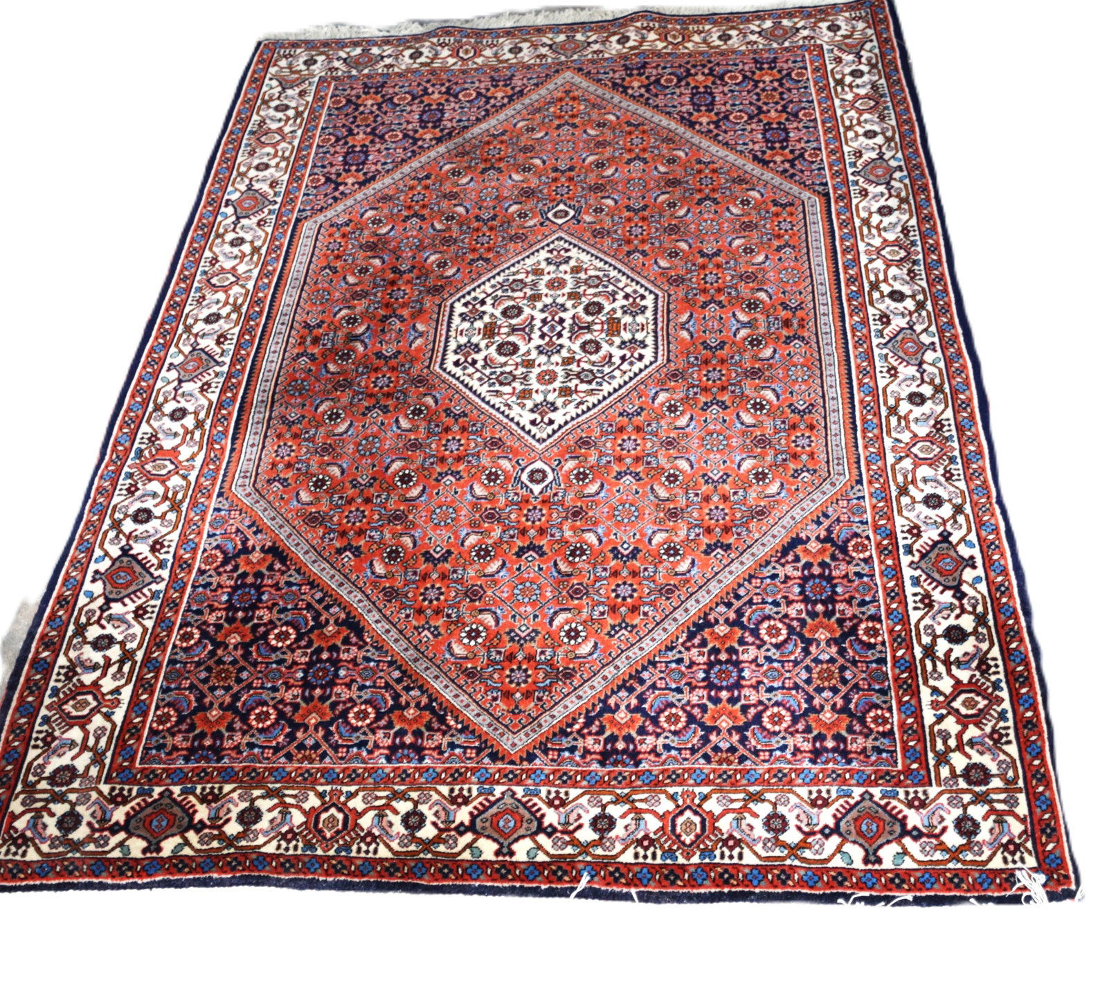 Oriental Scatter Rug: Very good oriental scatter rug with center medallion and an all over busy designs, multicolor of red, blue and ivory. From a New London NH Home. Dimensions: 3'11" x 8'