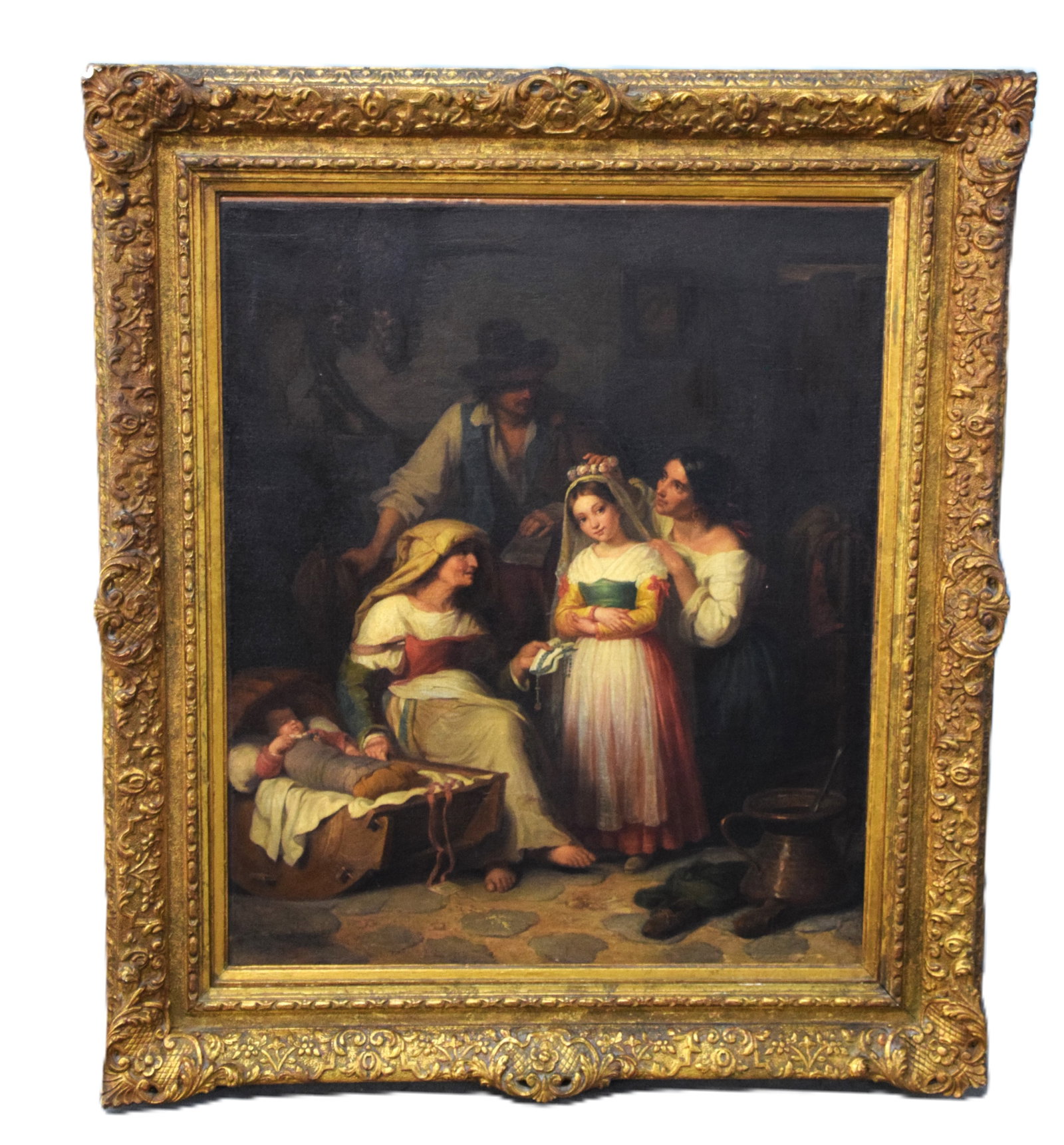 Mazzolini Oil Painting: An oil on canvas of a family including a grandmother giving a rosary to a granddaughter together with a father, mother and baby in crib. Giuseppe Mazzolini (1806 - 1876) worked in Italy and is known f