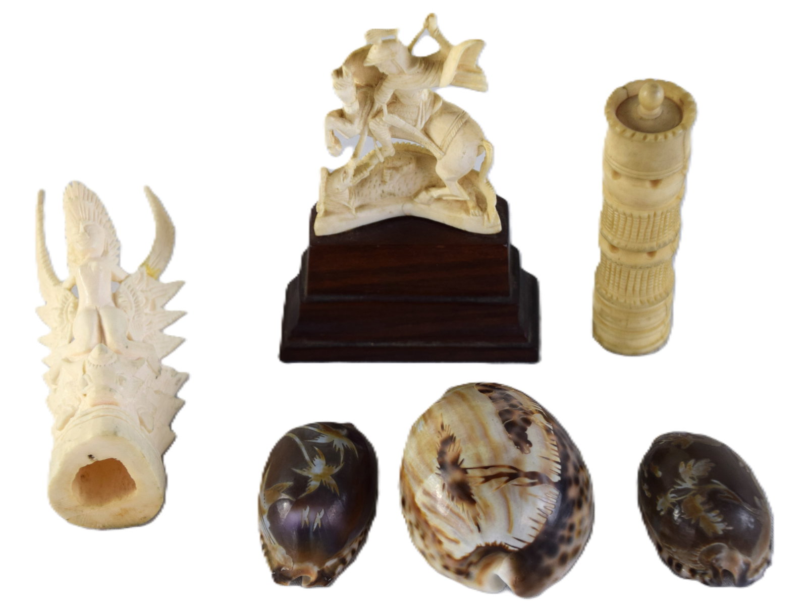 Carved Shells and Whale Bone Lot: 6 Piece lot to include a carving of St George and the dragon, an Asian tower, and an Asian winged goddess along with three carved seashells