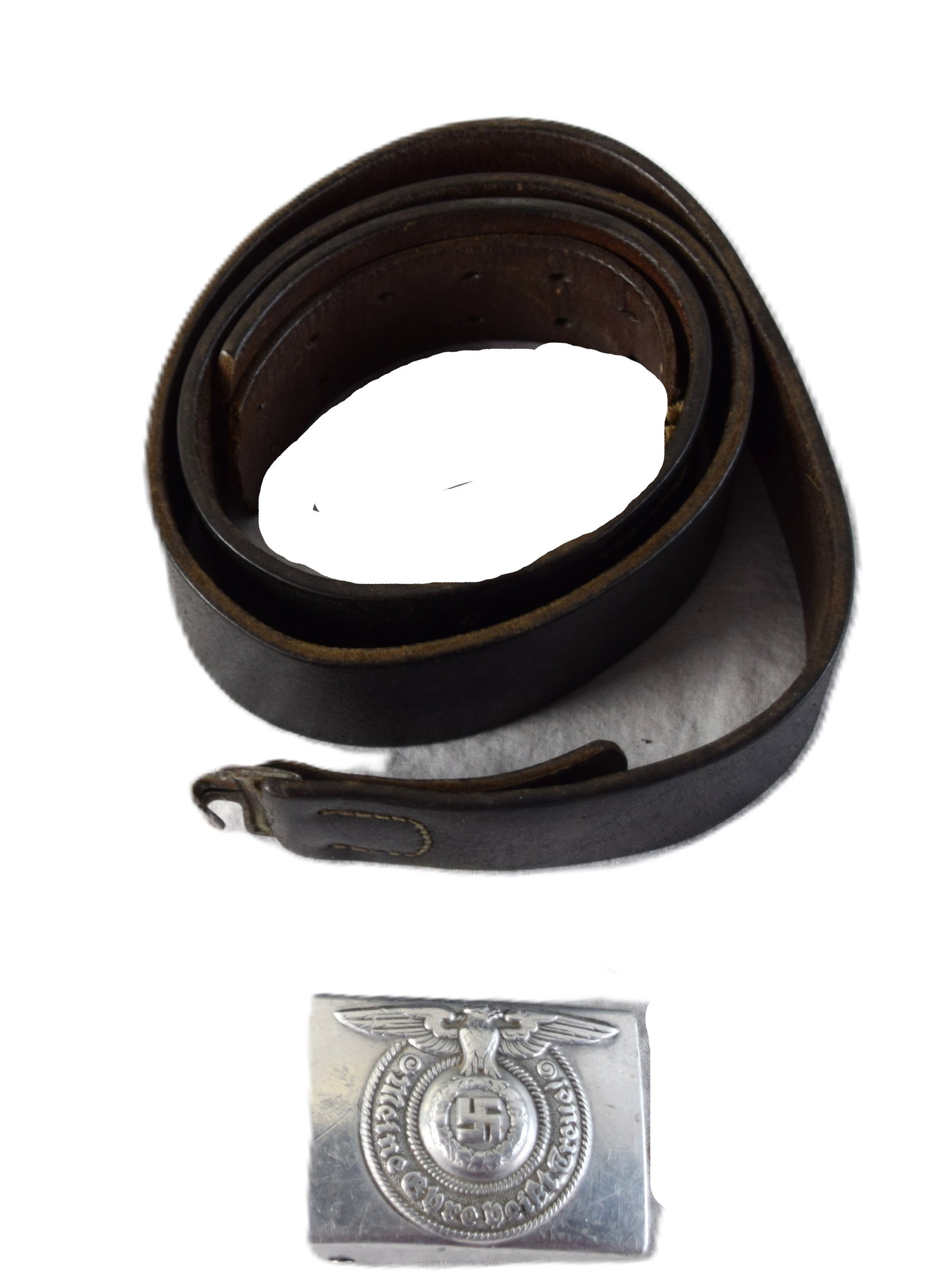 German WWII Belt And Buckle: An original Waffen-SS EM/NCOs Belt Buckle RZM 822/37, die struck aluminum. The buckle is embossed with the SS National eagle clutching a wreathed eagle surrounded by the units motto ‘Meine Ehre hei�