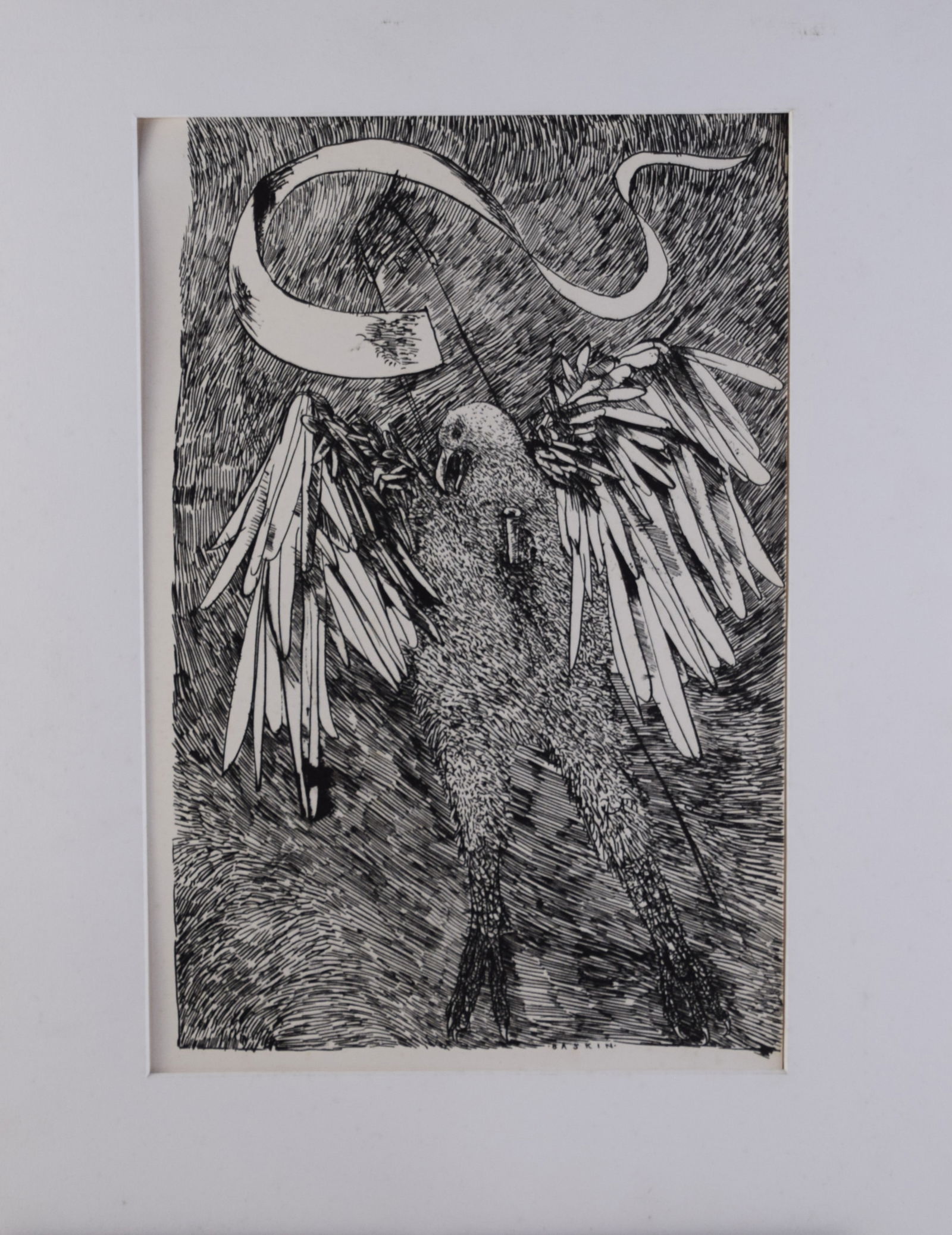 Baskin Ink Drawing: Pen and ink drawing of an eagle, signed Baskin lower right. Leonard Baskin (1922-2000) worked in Massachusetts and New York and was a highly respected artist known for sculpture, painting, illustratio