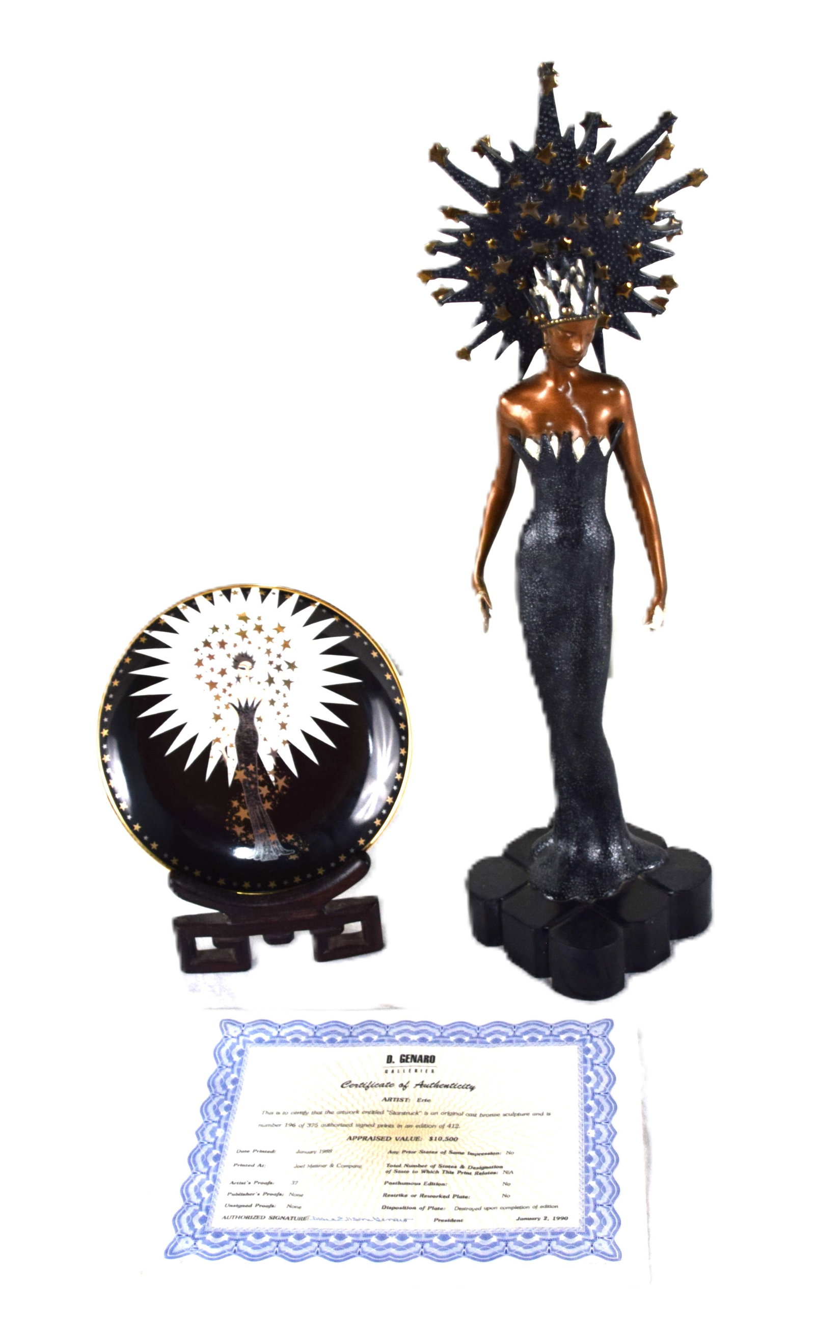 Erté Bronze: Original cast bronze sculpture, number 196/375, entitled "Starstruck", from the Maria Caruso Estate of Nashua NH. Purchased in 1989 from the D. Genaro Galleries, Santa Monica Ca. The original receipt 