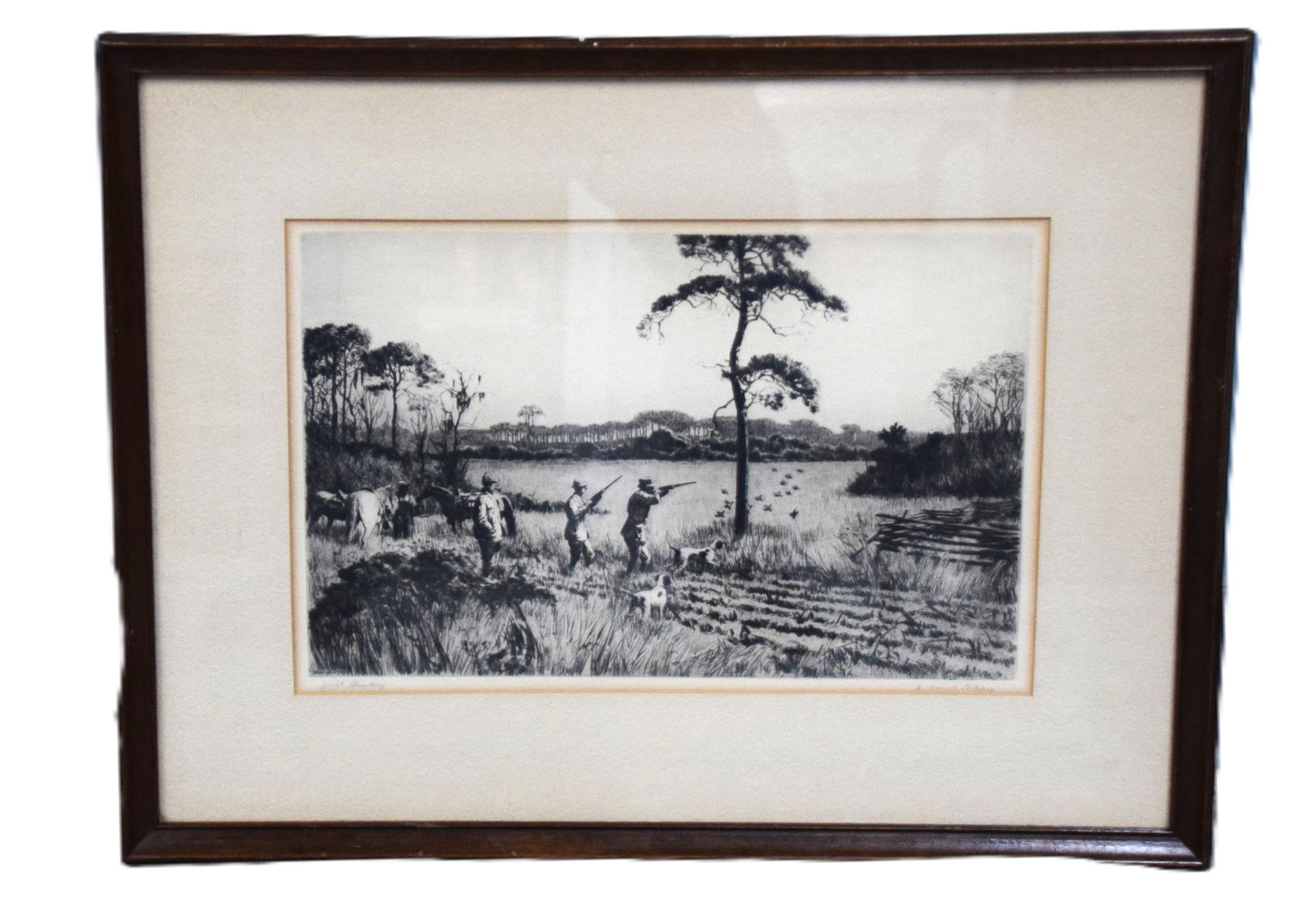 Ripley Etching Of Quail Shooting: A pencil signed etching of a hunters shooting quail. Aiden Lassell Ripley (1896 - 1969) worked in Massachusetts and is known for wildlife, genre, landscape painting and etching. Dimensions: 8.5" x 13.