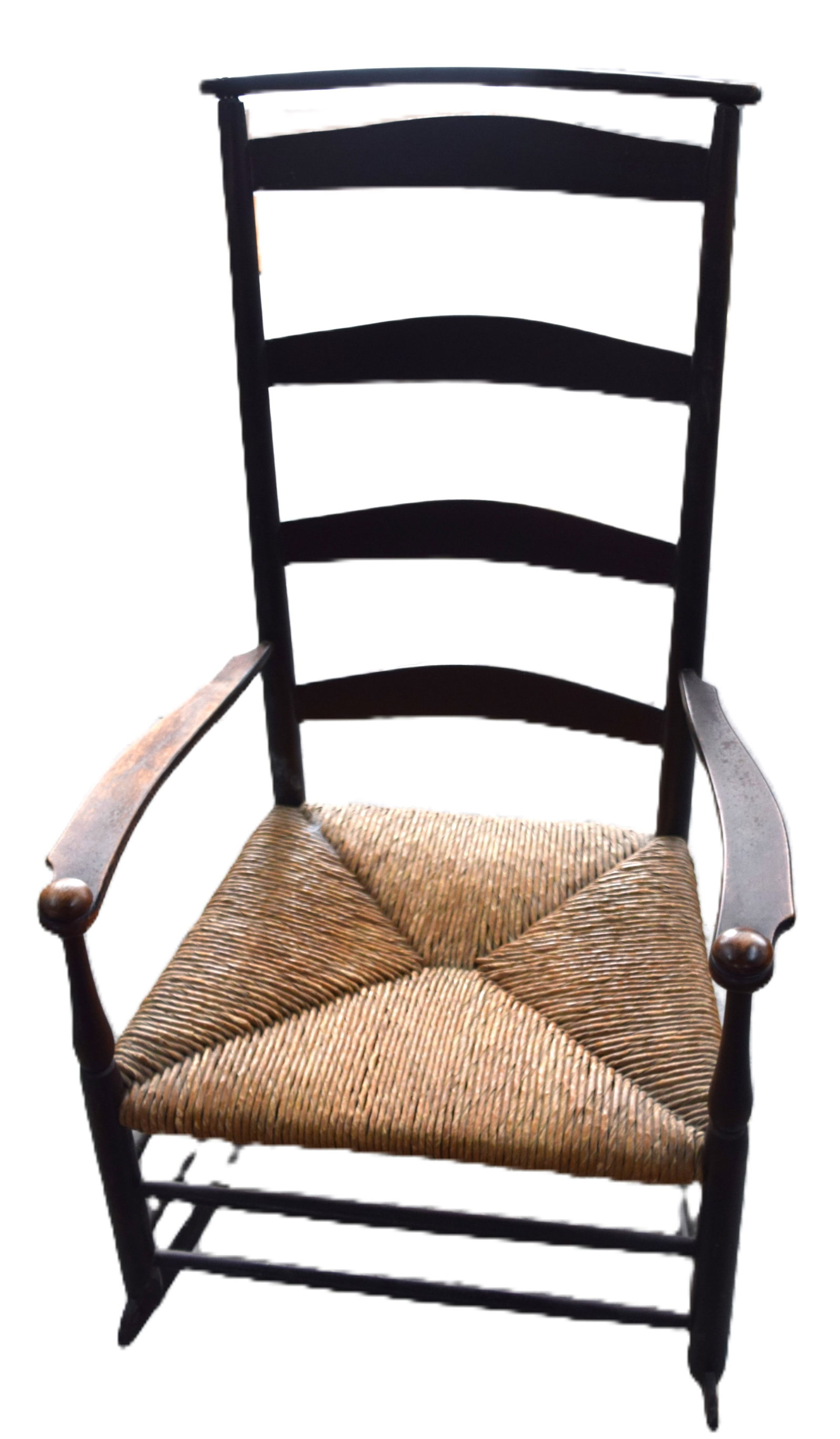 Mt. Lebanon Shaker Rocker: Mount Lebanon #6 Shaker arm rocker with single shawl rail, 4 ladder back splats, double rung structure base. #6 on top ladderback, Shaker stamp on 4th ladderback. Dimensions: 15" Seat height, 41" Over