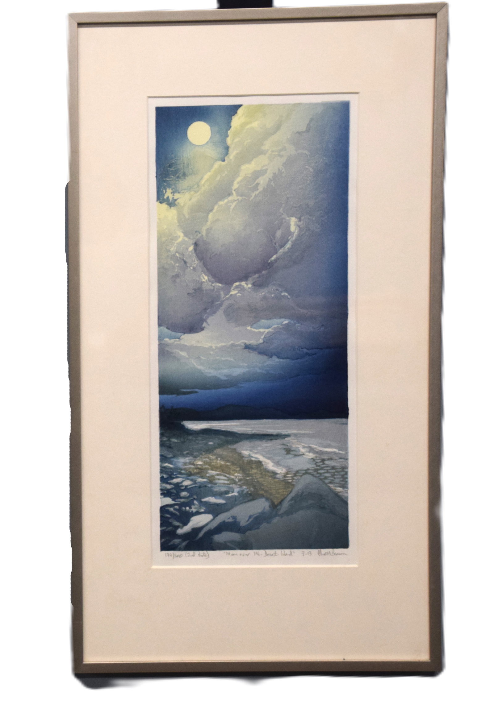 Moon Over Desert Island: Framed color woodblock print of a moon over Desert Island signed by listed artist Matt Brown and numbered 177 of 300. Dimensions: 24" x 13" Overall