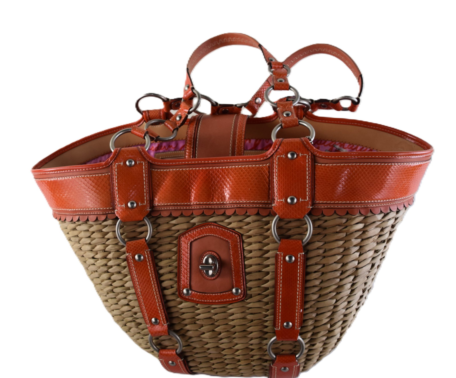 Coach Large Sholder Bag: Large Coach shoulder bag, orange leather, straw weave. Dimensions: 14" x 22"