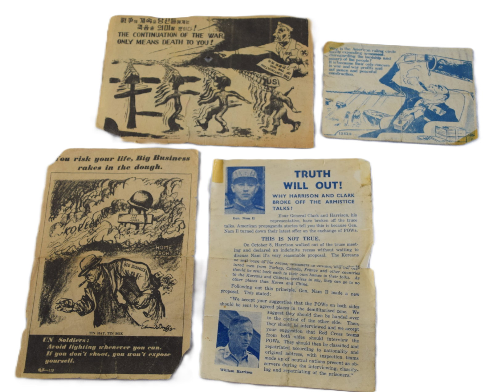 Korean War Propaganda Lot: Korean War propaganda lot to include 7 North Korean Flyers suggesting American soldiers to stop fighting. Also included is a US Army booklet on New Guinea and the Solomons, as well as a nameplate from