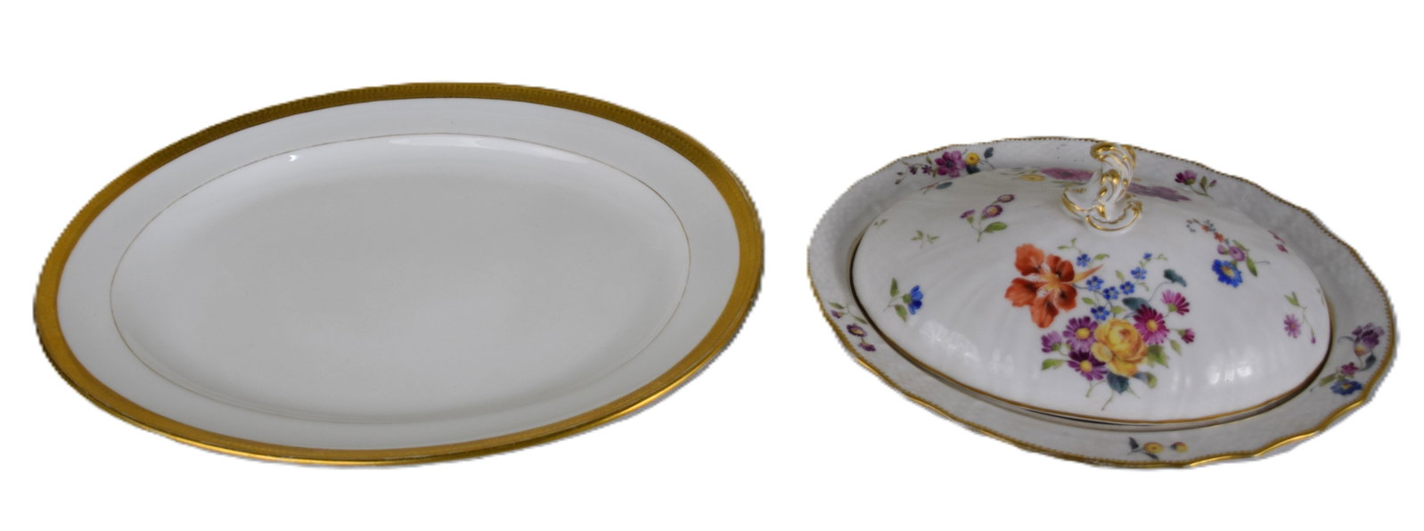 Two Piece China Lot: Royal Copenhagen covered tureen with floral designs, finial and a blue mark on base (13" L x 7" H) along with a shaped platter with gold rim edge (18" L)