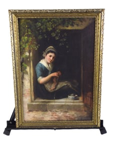 Oil Painting Of Girl Knitting