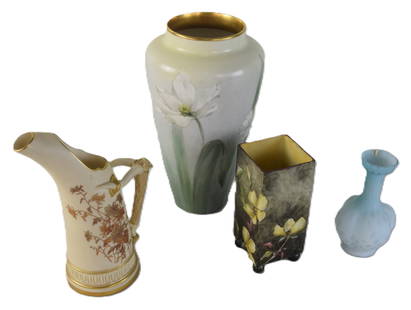 Four Piece Lot: Four piece China lot including a Belleek porcelain floral decorated vase, marked and artist signed (11" H), hand painted Royal Worcester decorated ewer with handle (9" H), art glass vase (6" H) and a