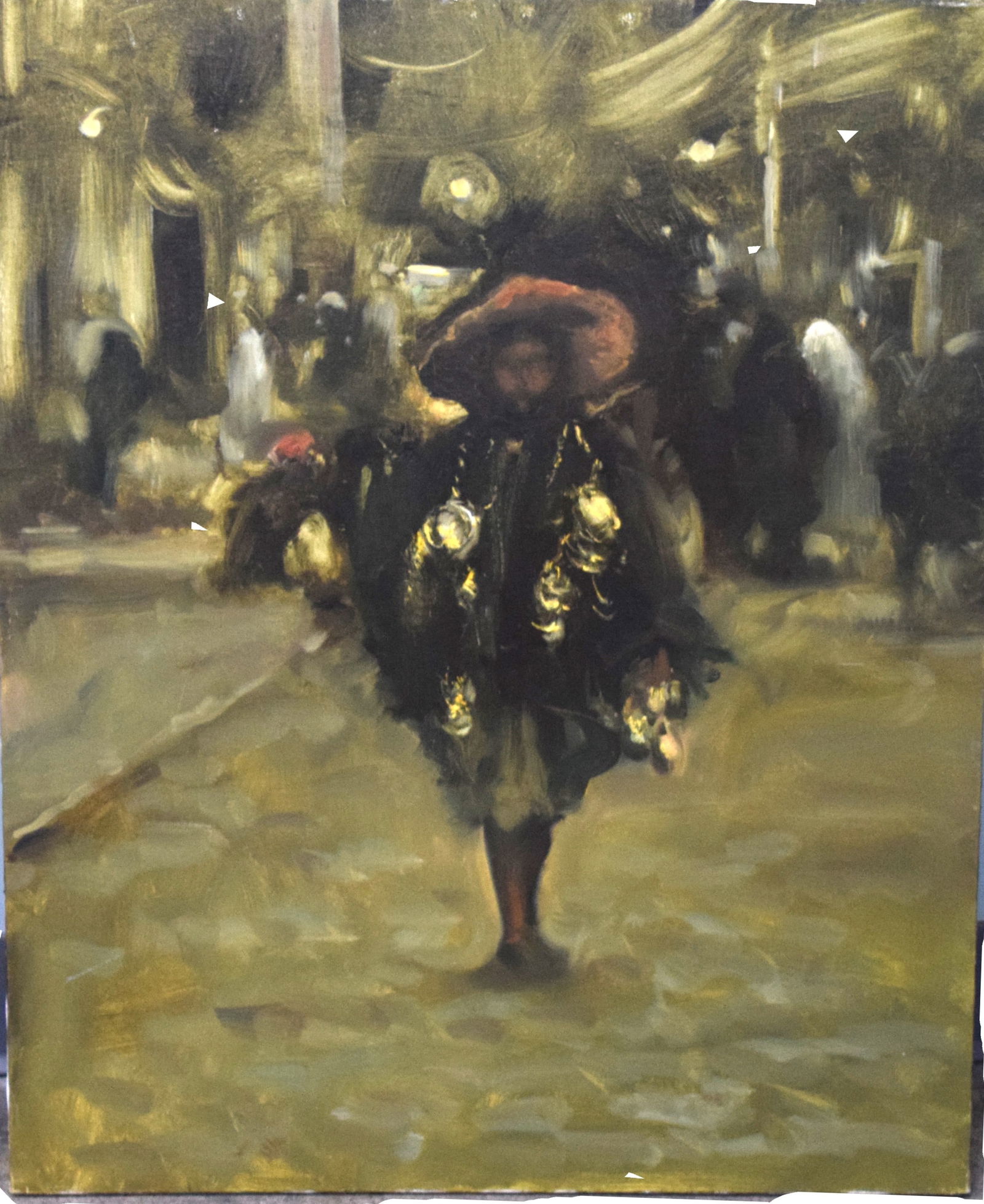 Dennis Sheehan Oil Painting: Oil on canvas of a street vendor by Dennis Sheehan. The consigner bought it directly from the artist. Dennis Sheehan was born in Boston in 1950 and has works in major public and private collections in