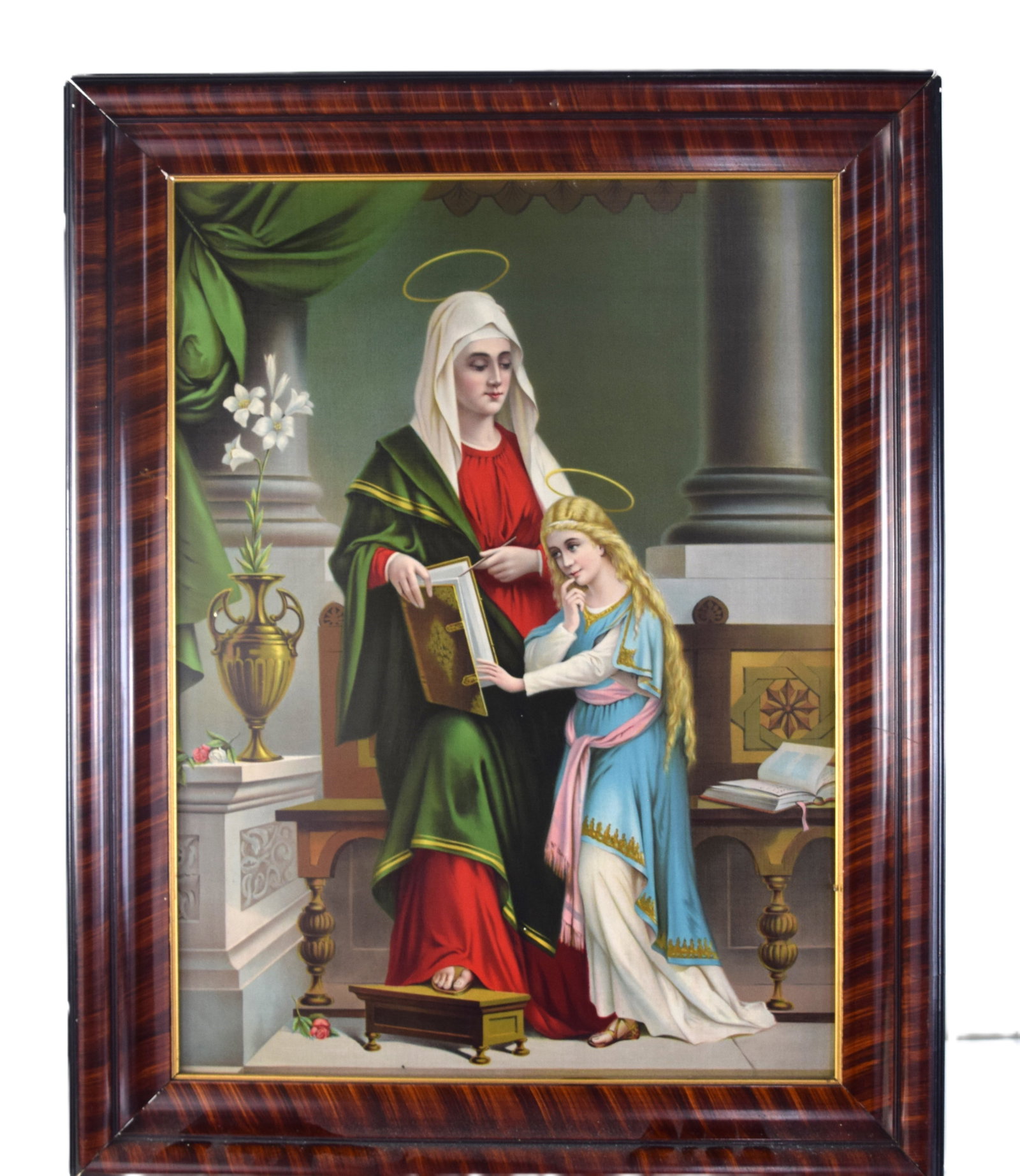Religious Oil Painting On Tin: Framed religious oil painting on tin of Saint Anne and Saint Mary with Anne teaching the bible to Mary. Dimensions: 23" x 17"