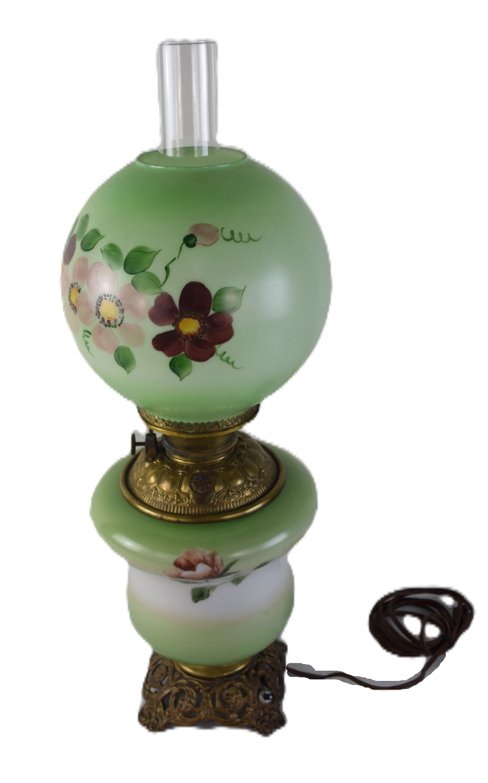 Gone With The Wind Lamp: Gone With The Wind lamp with ball shade-floral hand painted decoration with brass font and brass base, complete with chimney. Dimensions: 26"H