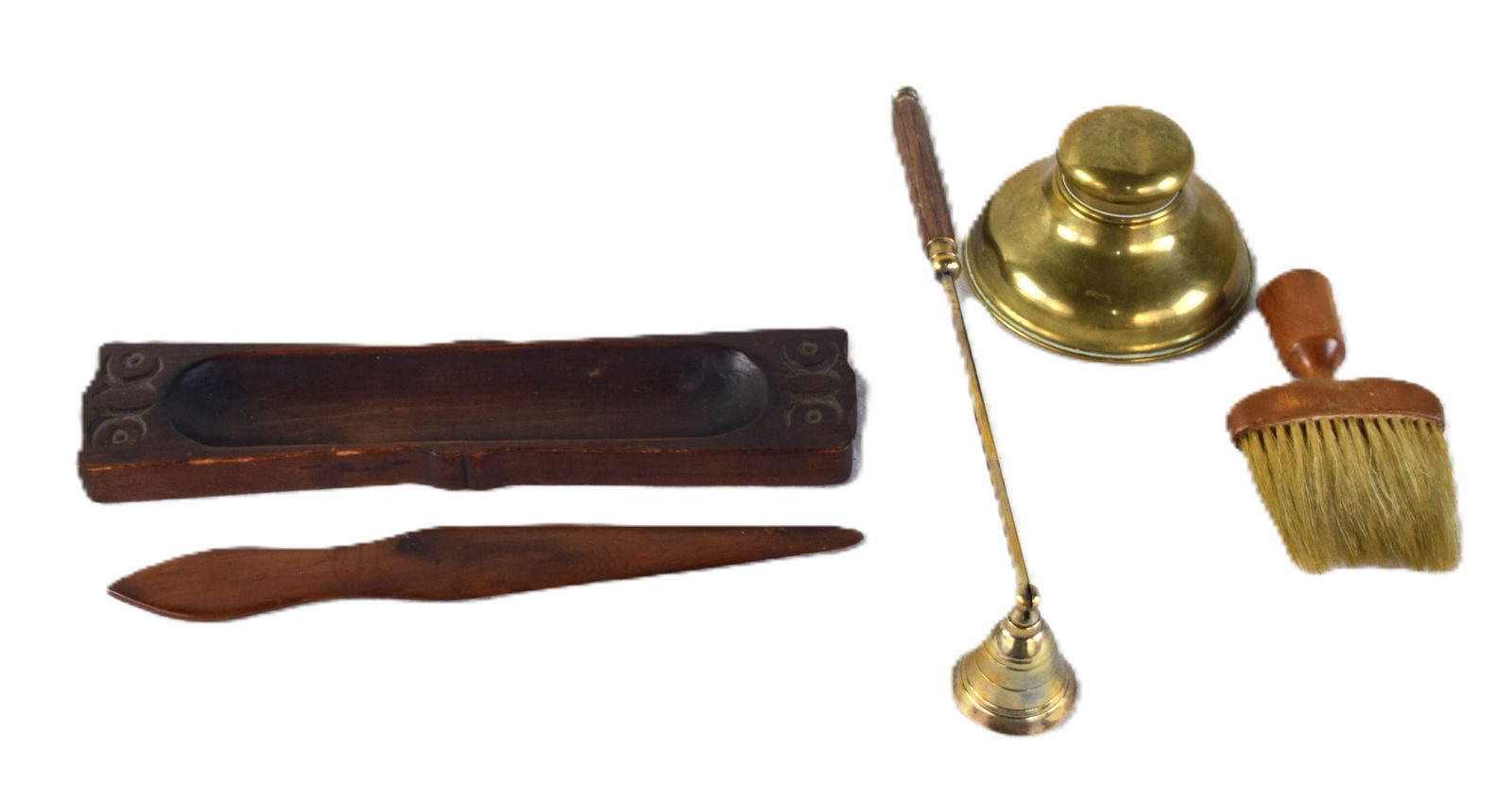 Desk Set: Desk set plus to include a brass inkwell, letter opener, brush, candle snuffer and a wooden pen holder