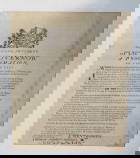Gov Wentworth Proclamation 1775: A framed proclamation by Governor Wentworth of New Hampshire proclaiming a general fast and prayer for King George and his family. Proclaimed in Portsmouth, NH on 24 March 1775. Note on 19 April 1775