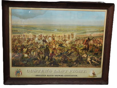 Custer's Last Fight By Anheuser Bush: An outstanding 1896 Anheuser-Busch lithograph of Custer's Last Stand with excellent color and graphics in an original Anheuser-Busch oak frame. Dimensions: 34.5" x 44.5" Overall