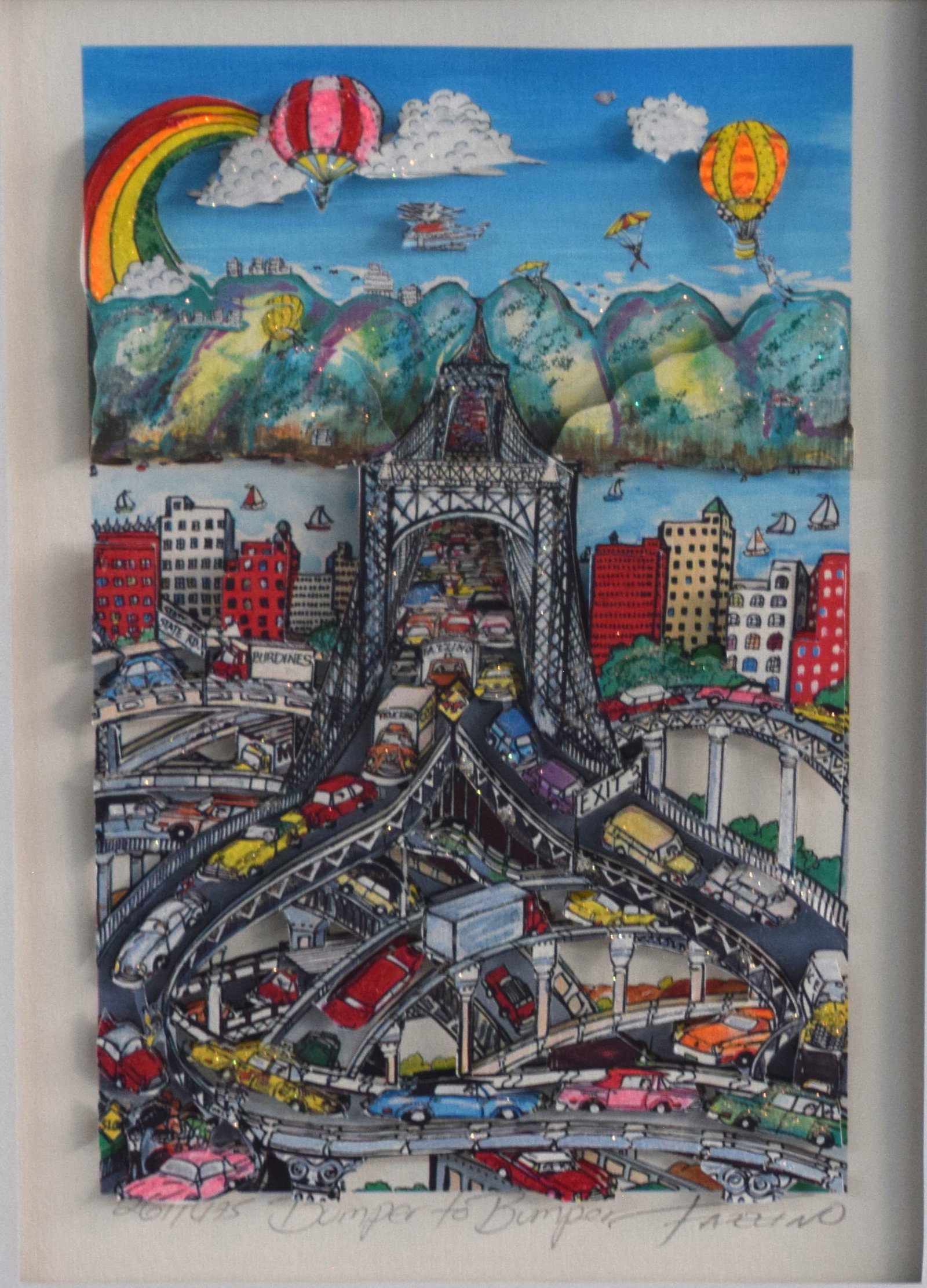 Charles Fazzino--Bumper to Bumper: Colorful, framed and signed, 3-D Serigraph titled "Bumper To Bumper" by Charles Fazzino on museum board. Edition number 267 of 450 with Certificate of Authenticity, dated 1993. Charles Fazzino (Born 1